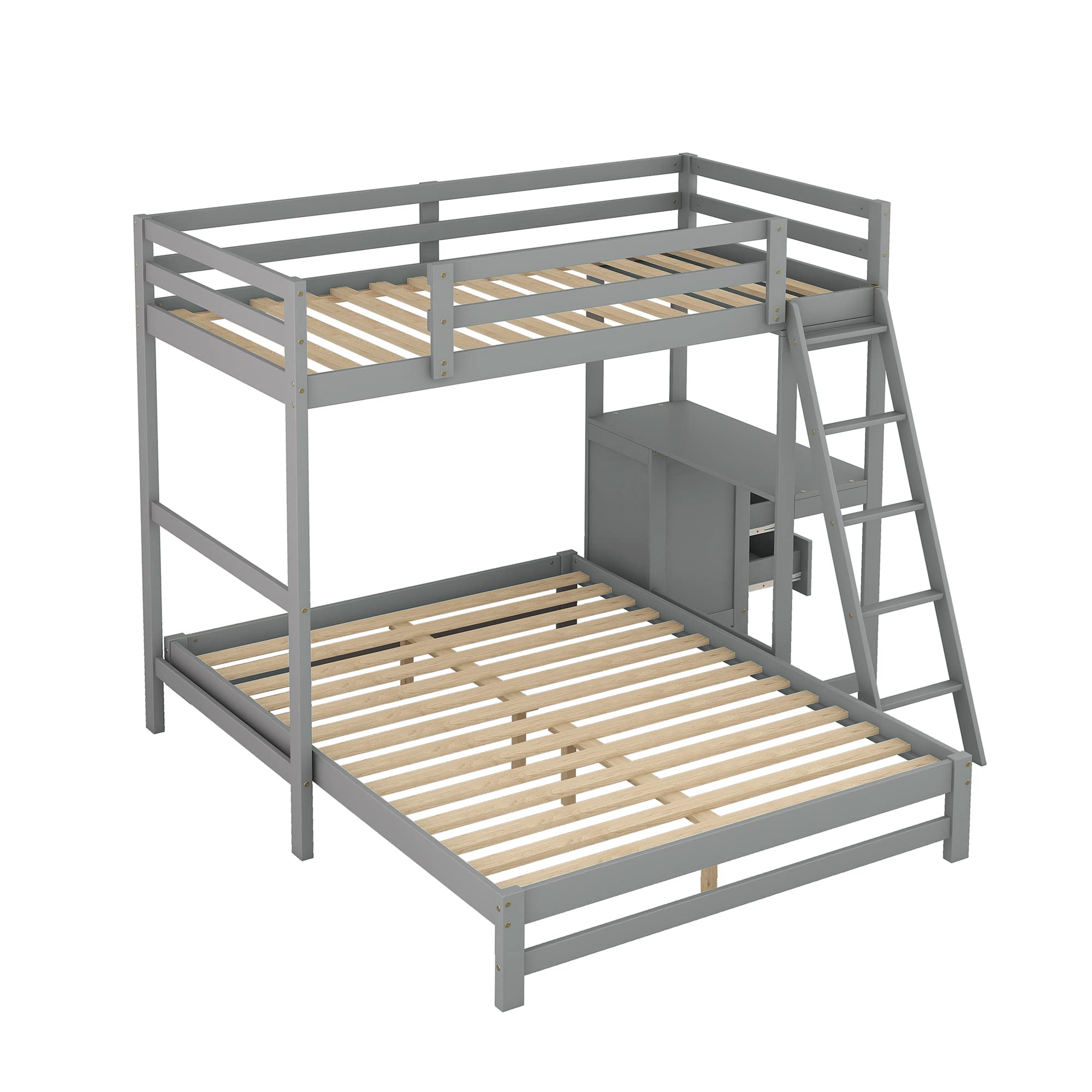 Harper & Bright Designs Solid Wood L-Shaped Bunk Bed with Built-in Desk & 3 Storage Drawers - Twin Over Full Convertible Loft Bed Frame for Kids, Teens & Adults (Grey) - Perfect for Small Bedrooms, Dorm Rooms & Space-Saving Kids' Rooms