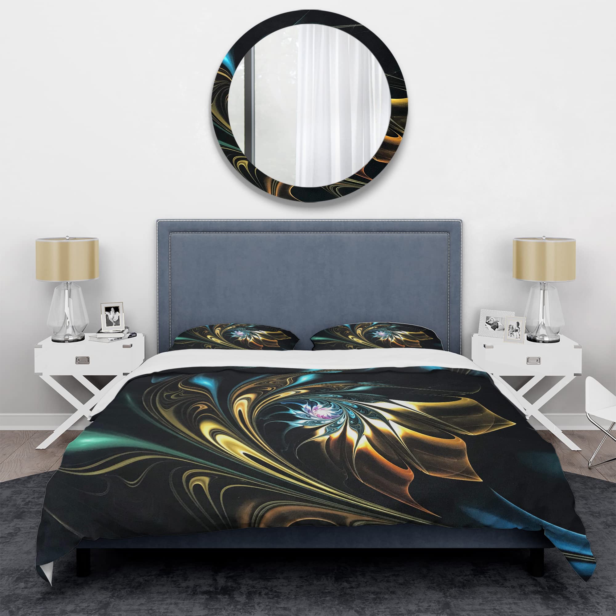 Modern Abstract Fractal Flower Duvet Cover Set King - Blue & Brown Contemporary Bedding Set of 3 Pieces for All Seasons | Perfect for Master Bedroom, Guest Room & Dorm Decor