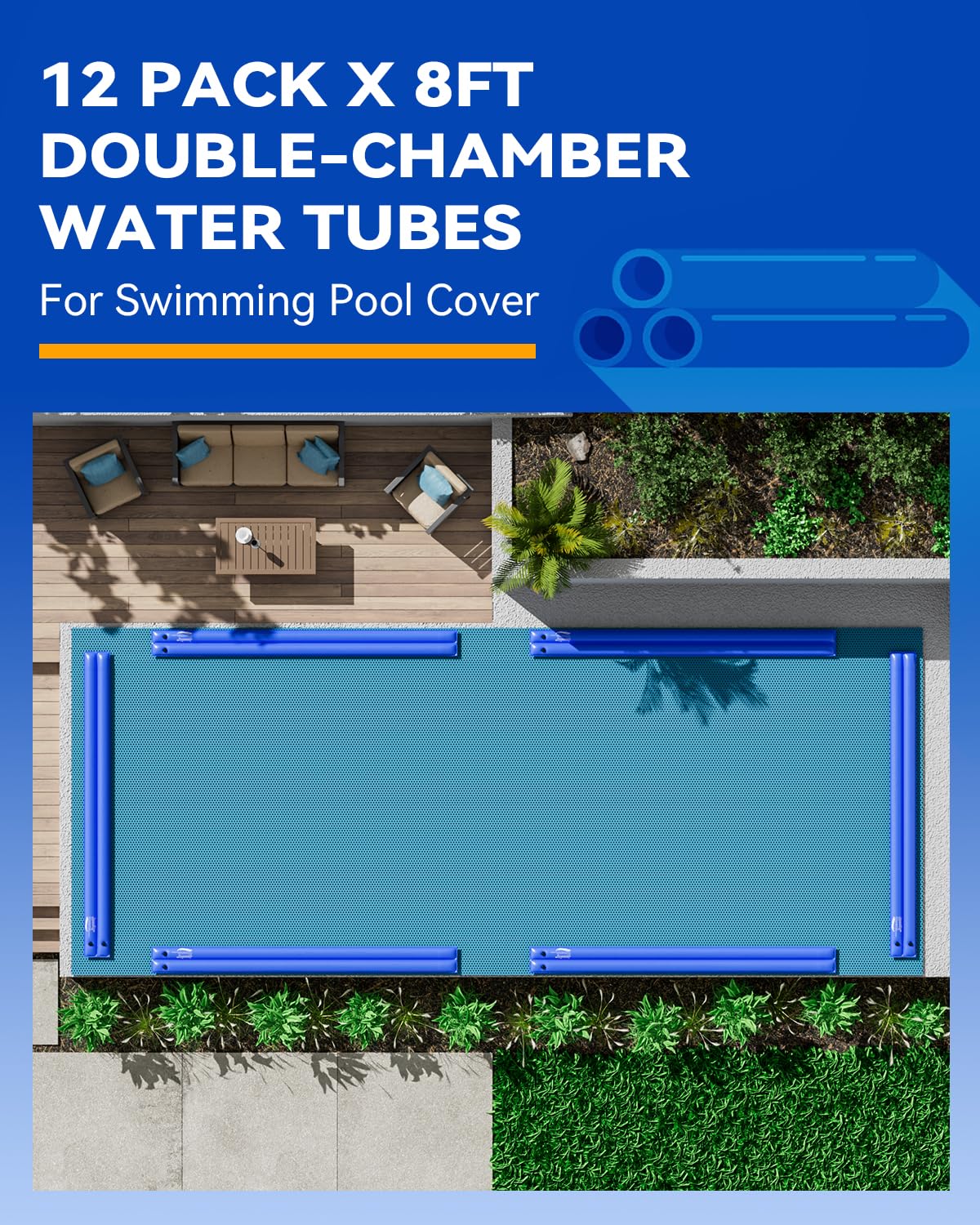 12 Pack 8FT Double Chamber Pool Cover Water Tubes with Weights - 28 Gauge (0.42mm) Blue - Heavy Duty Pool Cover Accessories for Winter Protection & Above Ground Pools