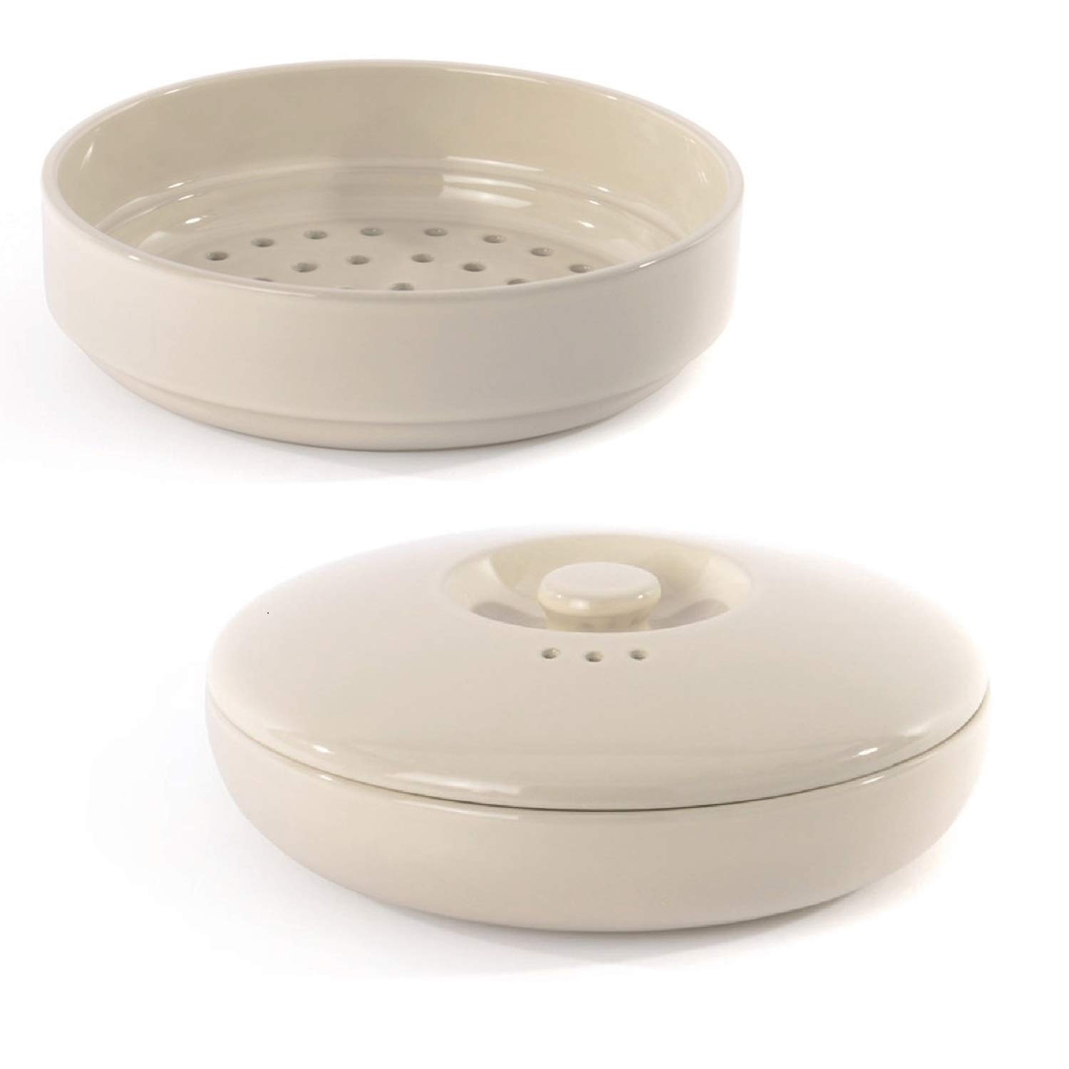 BergHOFF RON 2.5QT Stoneware Covered Bowl with Steamer Insert - Oven, Microwave & Dishwasher Safe - Glossy Finish with Ergonomic Lid & Steam Vent - Perfect for Baking, Steaming & Serving Dishes