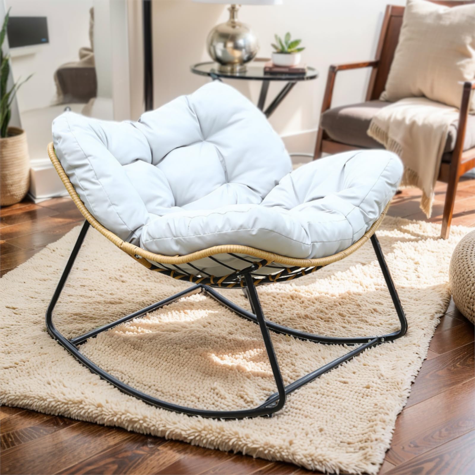 Outdoor Rocking Papasan Chair - Egg Recliner Rocker for Patio, Garden & Porch - White Padded Swing Chair for Relaxing in Bedroom, Living Room or Backyard - Perfect for Reading, Napping & Lounging
