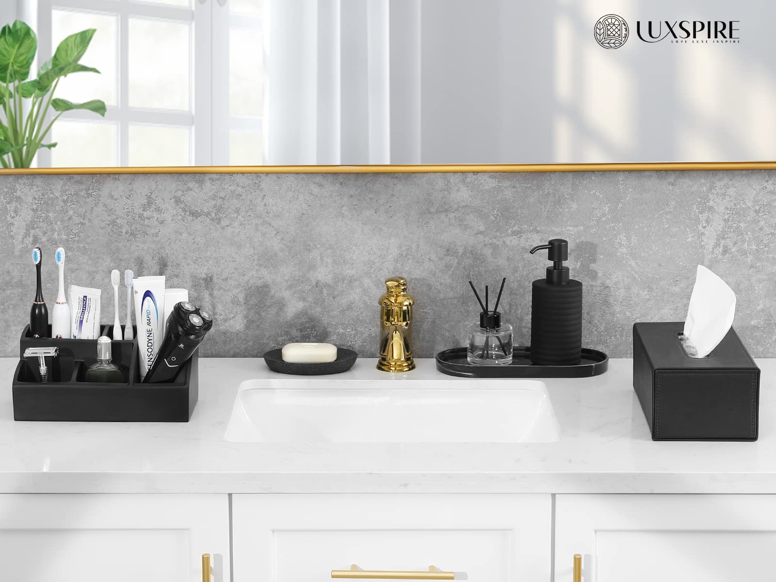 Luxspire 5-Slot Toothbrush Holder & Bathroom Counter Organizer - Marble Bathroom Storage for Toothbrush, Toothpaste & Essentials - Matte Black - Perfect for Vanity, Sink & Countertop Organization