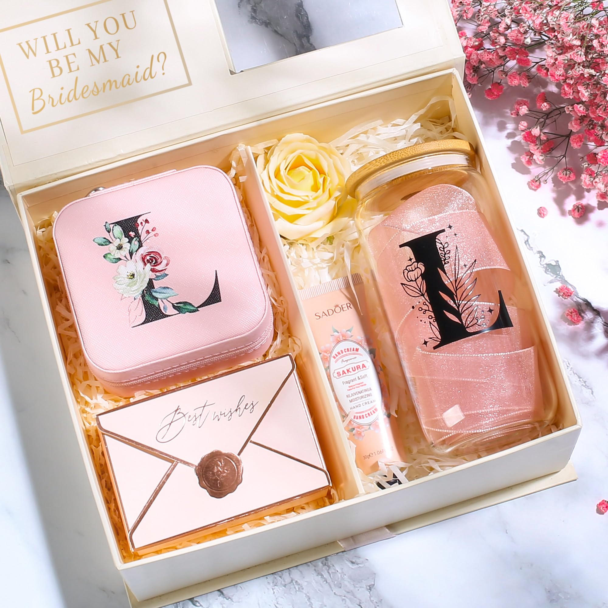 Personalized Bridesmaid Proposal Gifts - Custom Initial Glass Cups & Jewelry Box Set for Travel, Iced Coffee, Birthday - Perfect for Wedding Parties, Bachelorette Gifts & Girls' Night Out (Pink Monogram A)