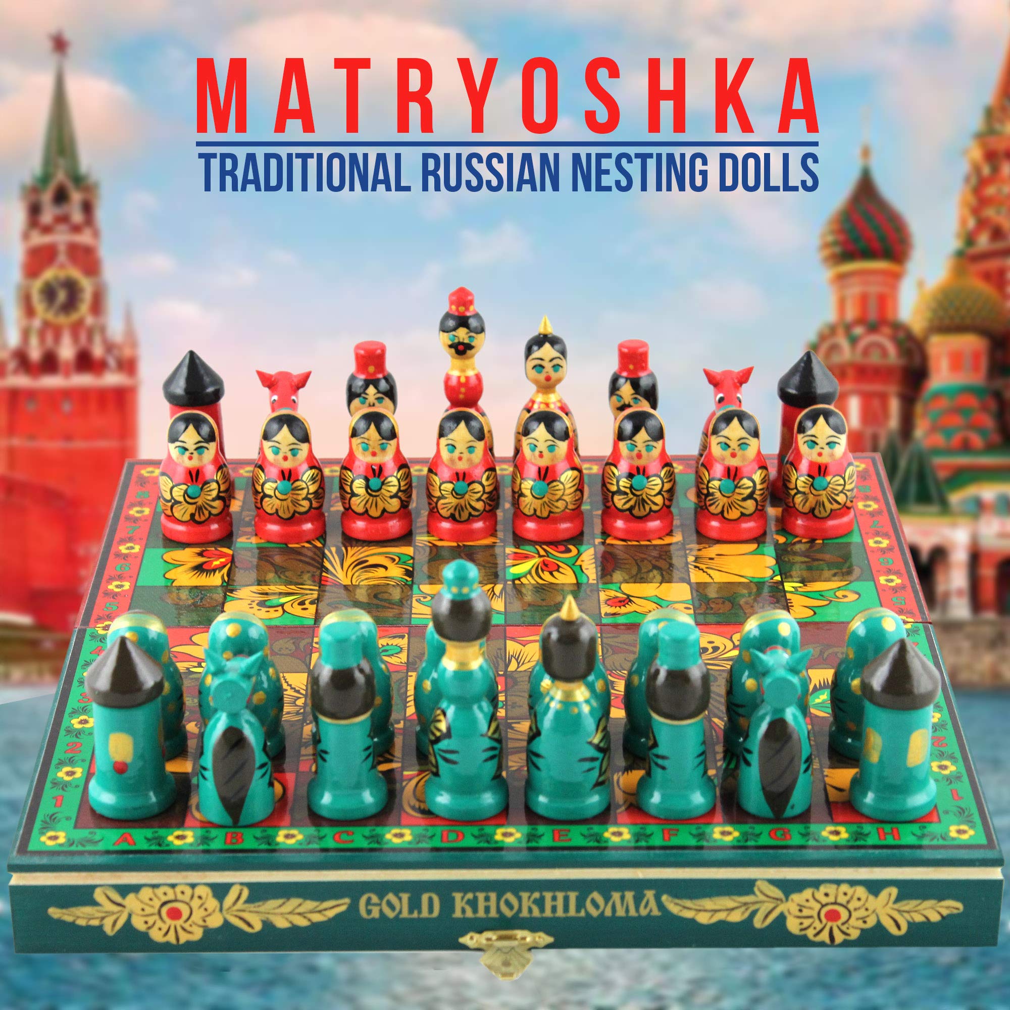 Hand-Painted Khokhloma Chess Set - Traditional Russian Wooden Chess Board with Folk Art Design | Perfect for Home Decor, Gift & Collectors