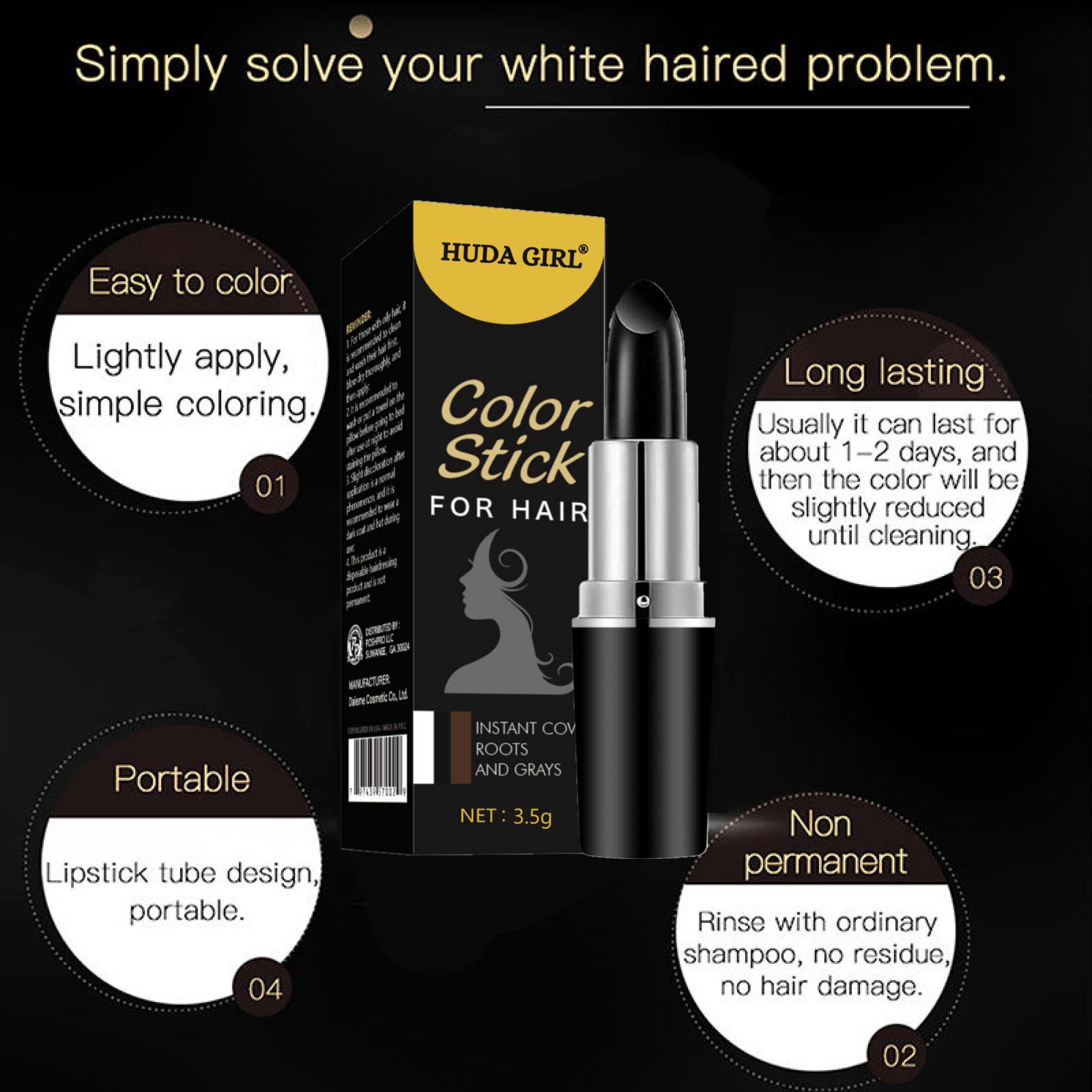 Huda Girl Natural Hair Color Root Touch Up for Grey Hair - Non-Toxic White Hair Coverage Dye Pencil for Men & Women (Black, 1 Count) - Quick & Easy Hair Root Concealer for Everyday Use, Travel & On-the-Go Touch Ups