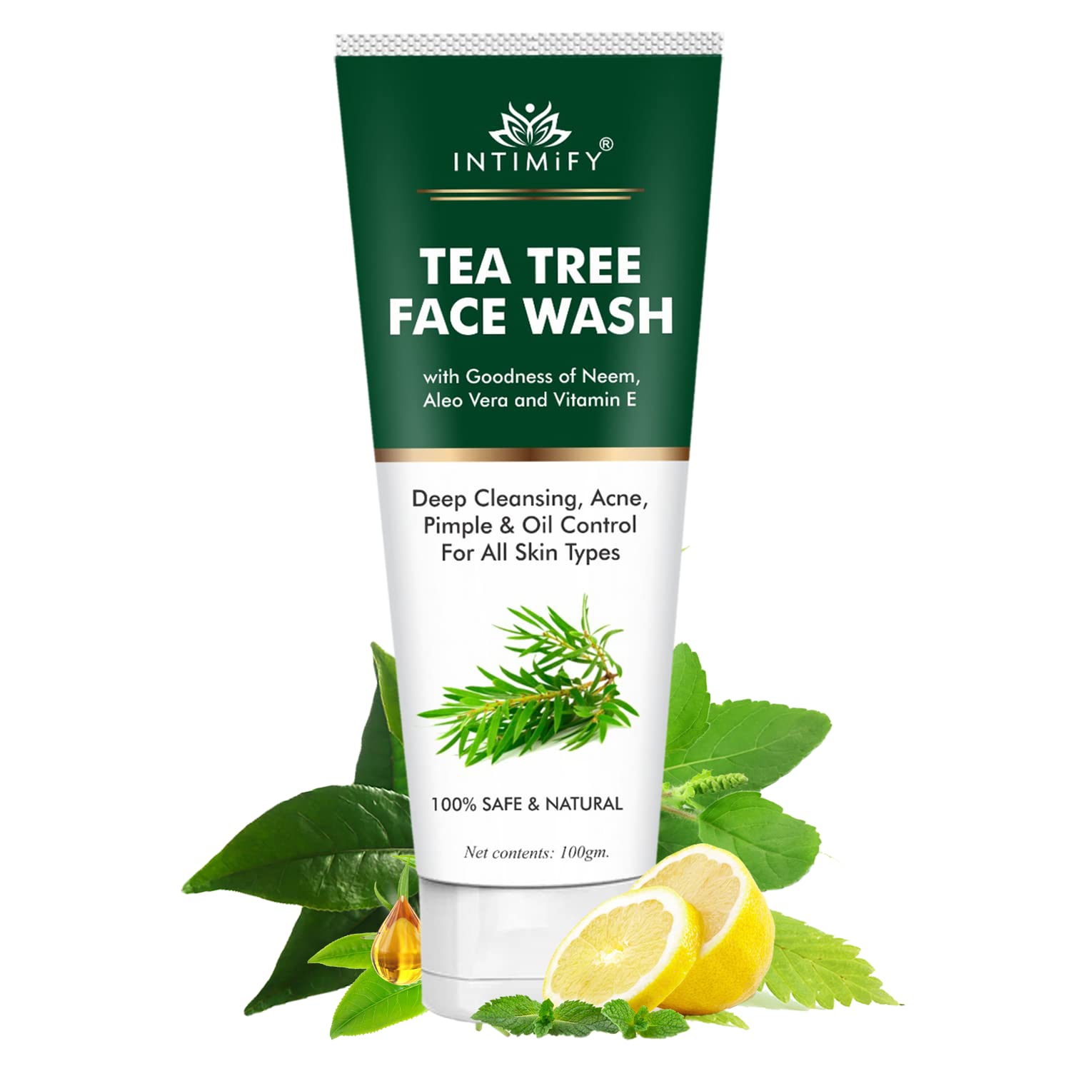 INTIMIFY Tea Tree & Neem Face Wash for Acne-Prone & Oily Skin - Brightening & Lightening Formula - 100g (Pack of 1) - Gentle Daily Cleanser for Clear, Glowing Skin at Home or Travel