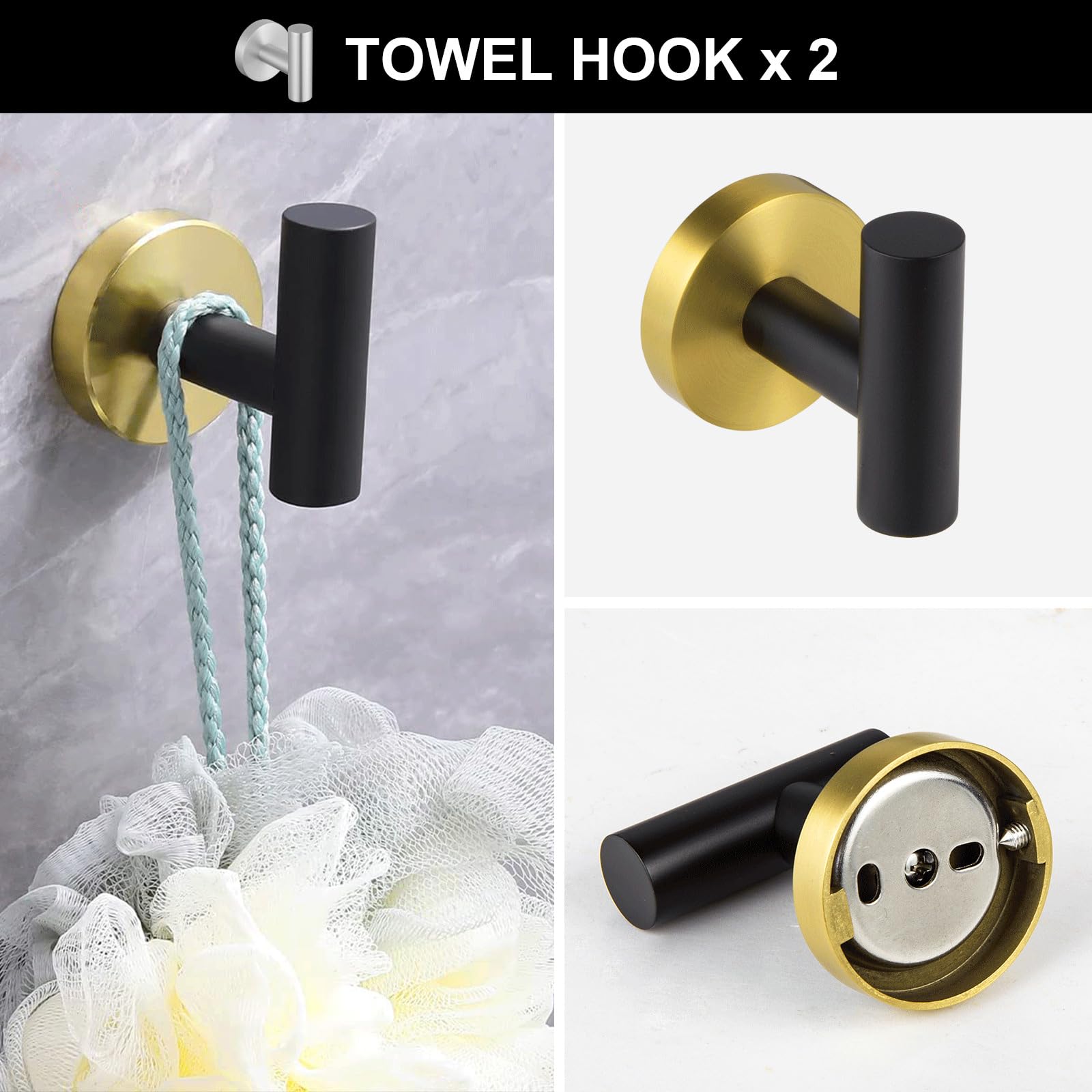Lava Odoro Black Gold 6-Piece Bathroom Hardware Set - 23.6 Inch Stainless Steel Towel Bar, Holder & Rack Wall Mounted - Modern Bathroom Accessories for Home, Hotel & Spa Decor