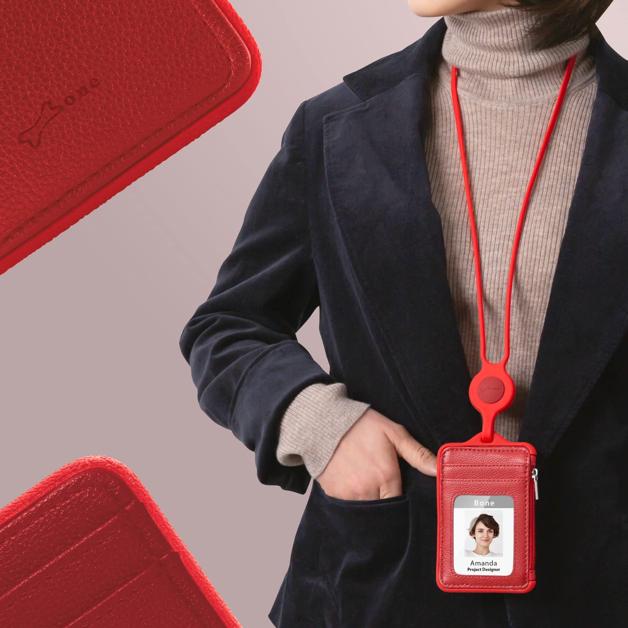 Genuine Leather ID Badge Holder with Zipper & Card Slots - for Office, School & Keys