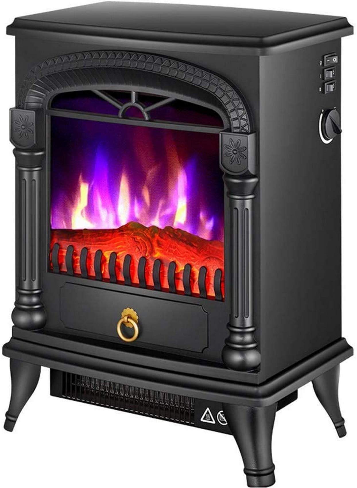 Electric Fireplace Heater with Realistic Flame Effect - 2 Burner Settings, Floor Standing for Living Room - Black | Perfect for Home, Office & Winter Warmth