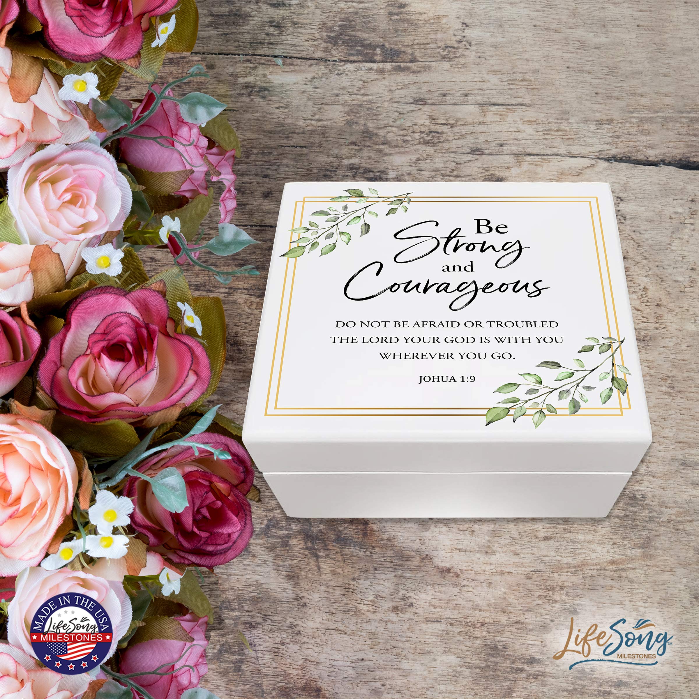 LifeSong Milestones Baptism Keepsake Jewelry Box - Elegant Jewelry Storage Gift for Godparents from Godchild, Godson or Goddaughter (Be Strong and Courageous) - Perfect for Christening, Baptism Ceremonies & Religious Gift Giving
