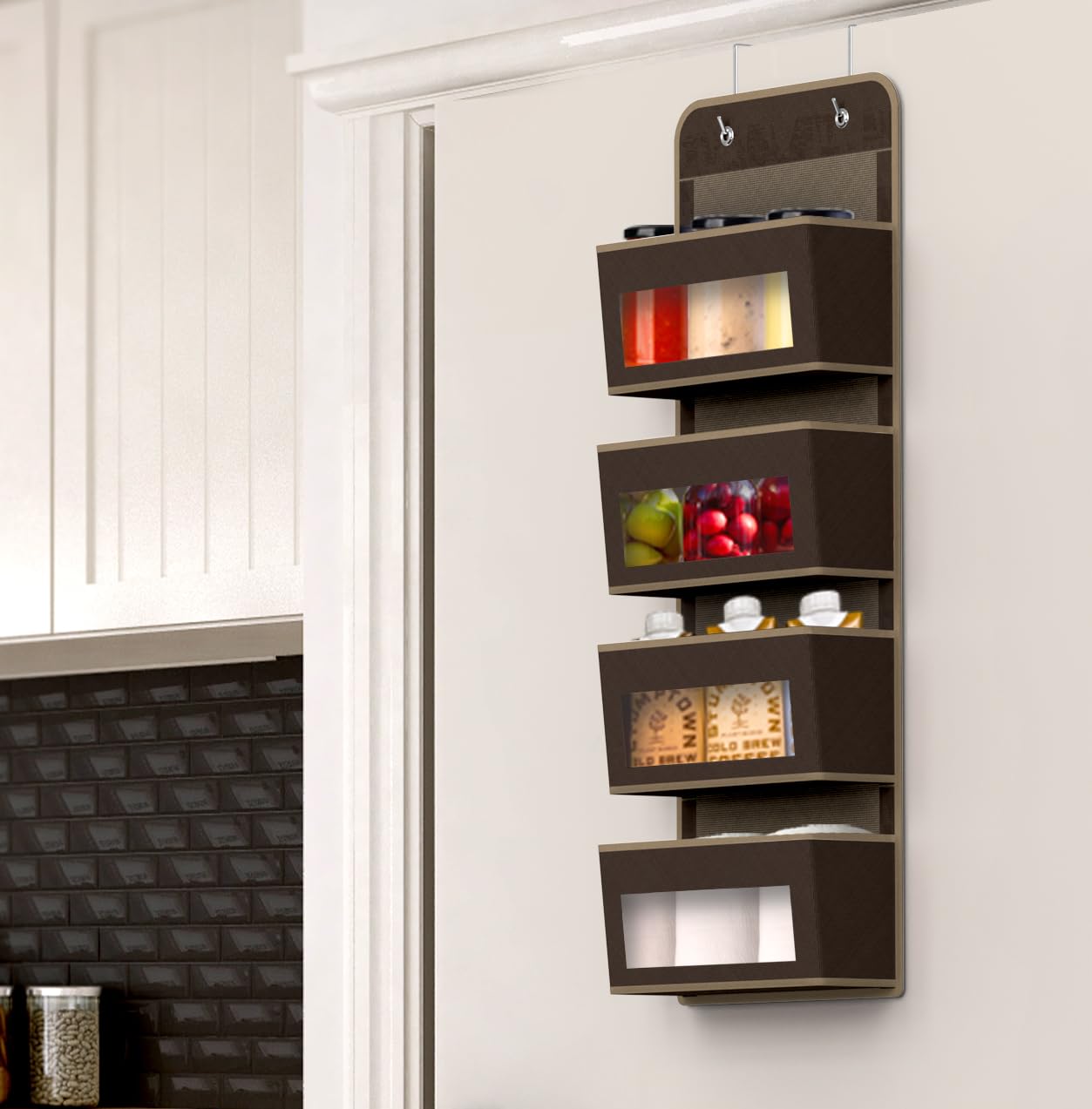 Simple Houseware Over Door/Wall Mount 4 Clear Window Pocket Organizer - Brown | Hanging Storage Solution for Bathroom, Bedroom, Kitchen & Office Organization