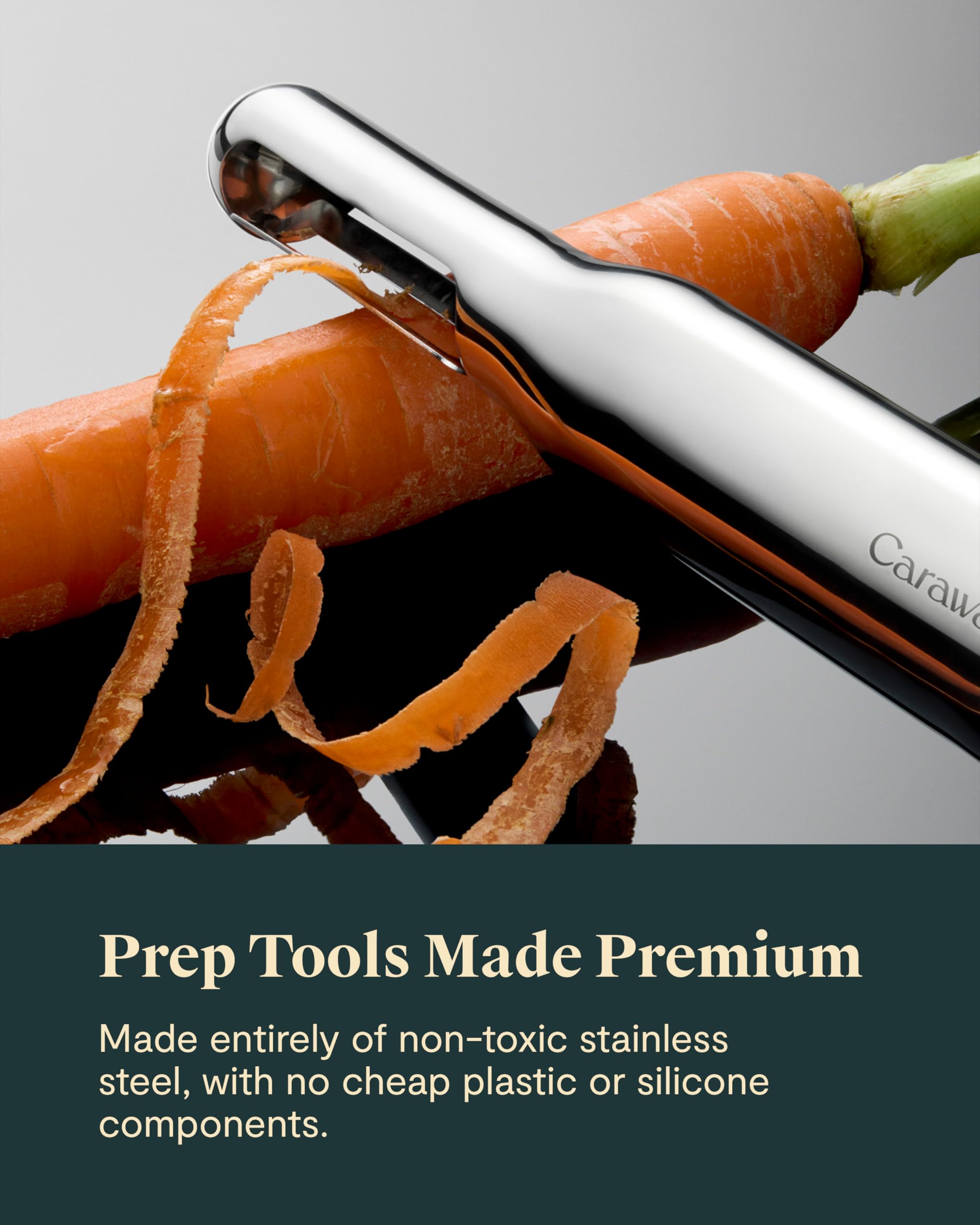 Caraway 5-Piece Stainless Steel Kitchen Gadget Set - Can Opener, Pizza Cutter, Garlic Press, Ice Cream Scoop & Vegetable Peeler with Storage Organizer - Essential Cooking Tools for Home Chefs & Baking Enthusiasts