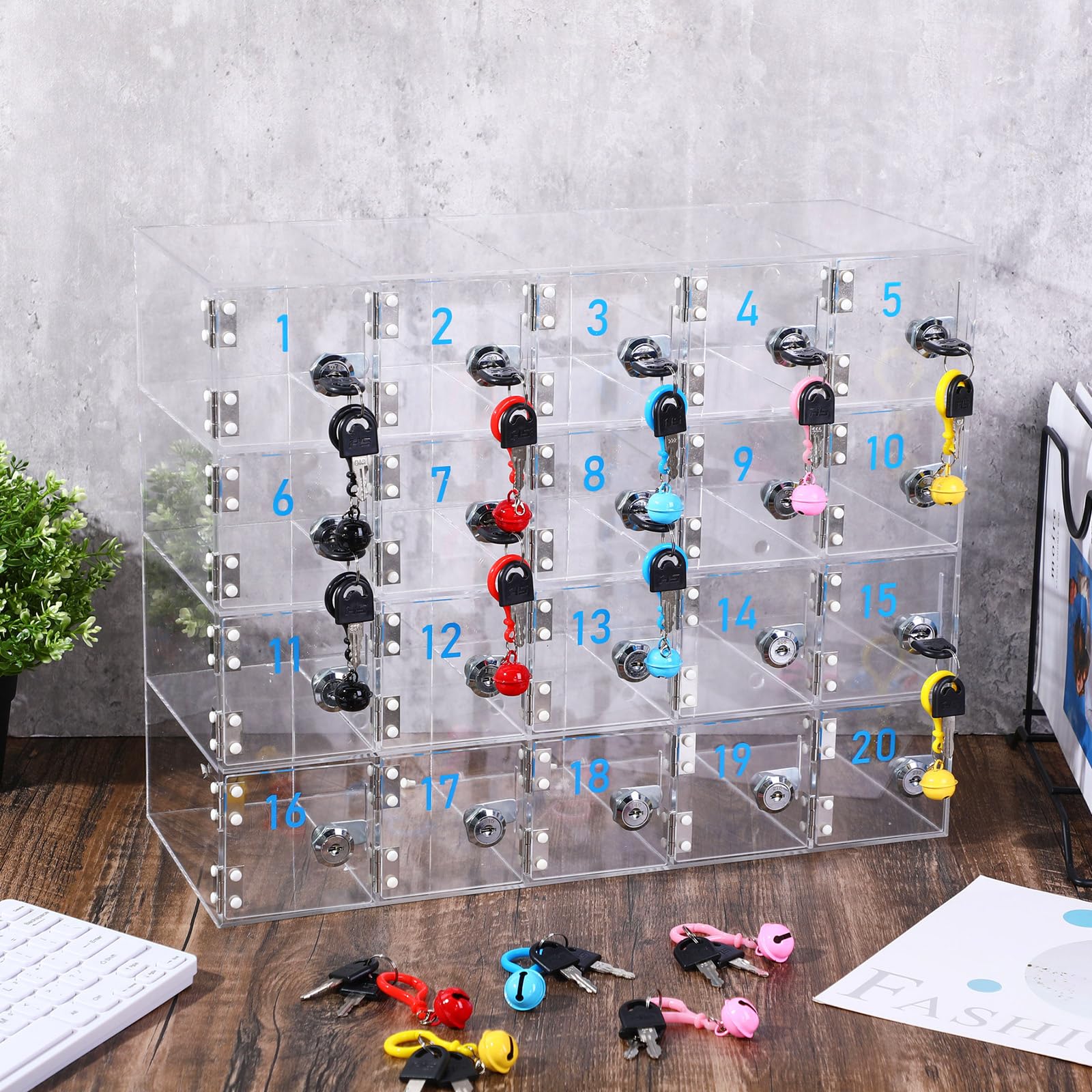 20-Slot Clear Acrylic Cell Phone Locker Cabinet with Charging Ports & Key Locks - Wall Mounted Storage for Classroom, Office, School & Factory - Secure Phone Organization Solution for Employees & Students