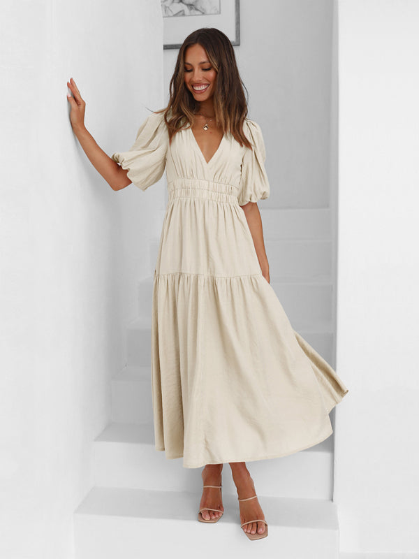 Elegant Women's Maxi Dress with Puff Sleeves - Flowy Summer Dress for Beach, Wedding & Party Occasions