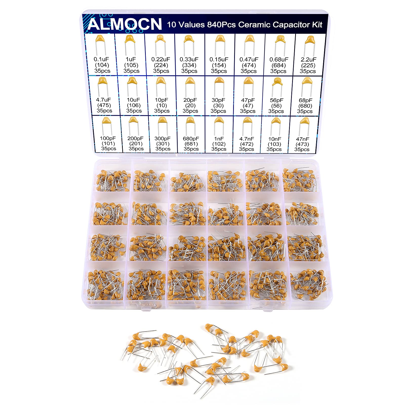 840pcs Ceramic Capacitor Assortment Kit - 24 Values (10pF to 10uF) Multilayer Monolithic Capacitors with Storage Box - Perfect for Electronics Projects, DIY Repairs & Circuit Board Prototyping