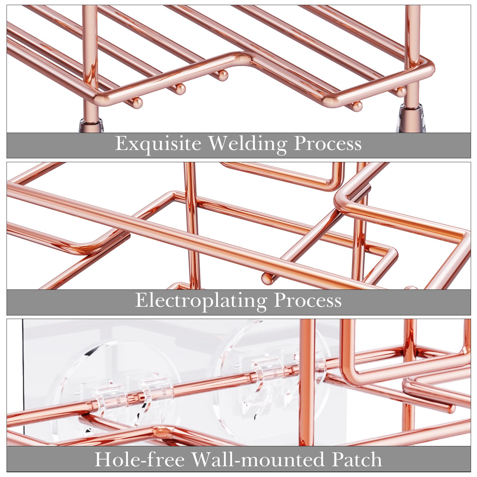 Stainless Steel Wall Mount Toothbrush Holder for Shower - 3 Slot Organizer with Rose Gold Finish | Compatible with Colgate Extra Clean & Oral-B CrossAction | Bathroom Countertop or Wall Mount Storage Solution for Toothbrushes, Razors & Beauty Tools