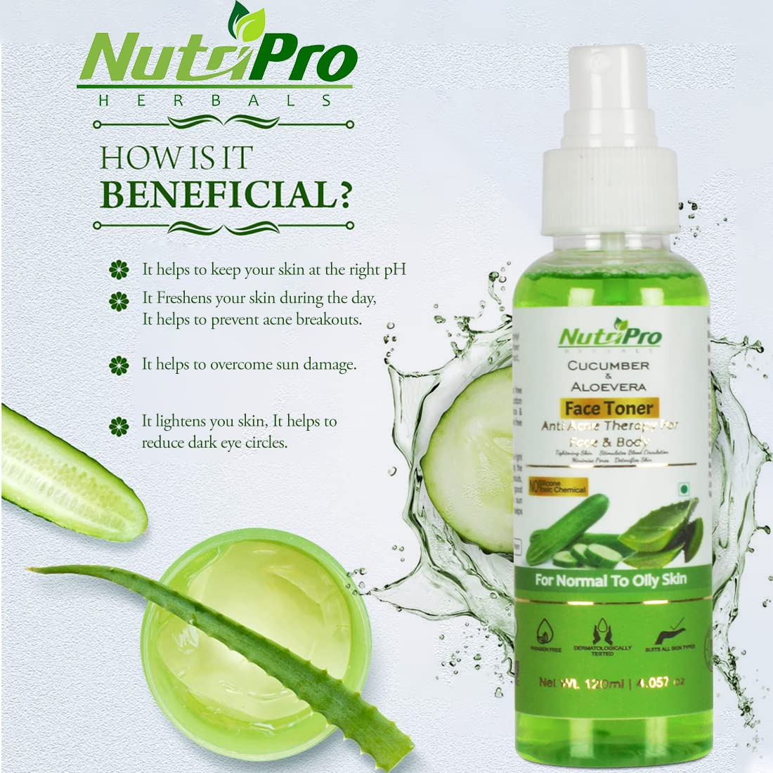 NutriPro Cucumber & Aloe Vera Face Toner for Acne Prone Skin - Sulfate Free, Paraben Free, Alcohol Free 120ml - Hydrating & Soothing Toner for Normal to Oily Skin - Perfect for Daily Skincare Routine & Post-Workout Refresh