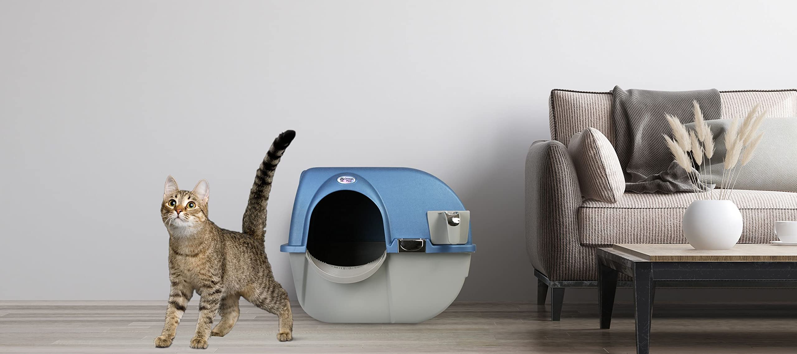 Omega Paw Premium Roll 'n Clean Self-Cleaning Litter Box for Large Cats - Pearl Blue (PR-RA20-1) - Odor Control & Easy Maintenance for Indoor Cat Litter Box Solutions