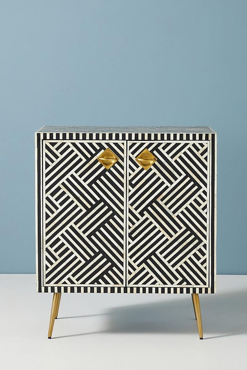 Handmade Bone Inlay Entryway Cabinet - Black Two-Door Storage Unit with Optical Design for Hallway, Living Room & Bedroom Organization