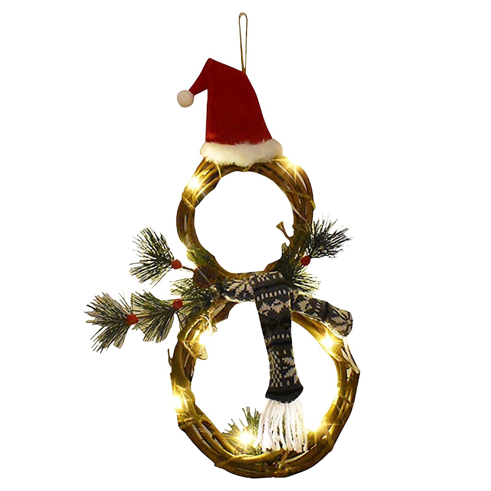 Christmas Wreath with LED Lights - Snowman Rattan Circle Garland for Wall & Door Decor - Xmas Party, Farmhouse Indoor Outdoor Holiday Decoration - Perfect for Windows, Walls, and Holiday Gatherings