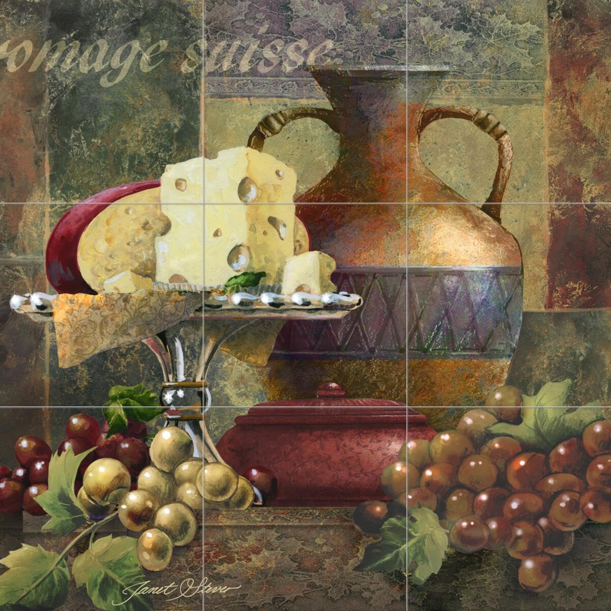Ceramic Backsplash Tile Mural - Cheese and Grapes II by Janet Stever - Elegant Kitchen Wall Decor for Modern Homes & Restaurants