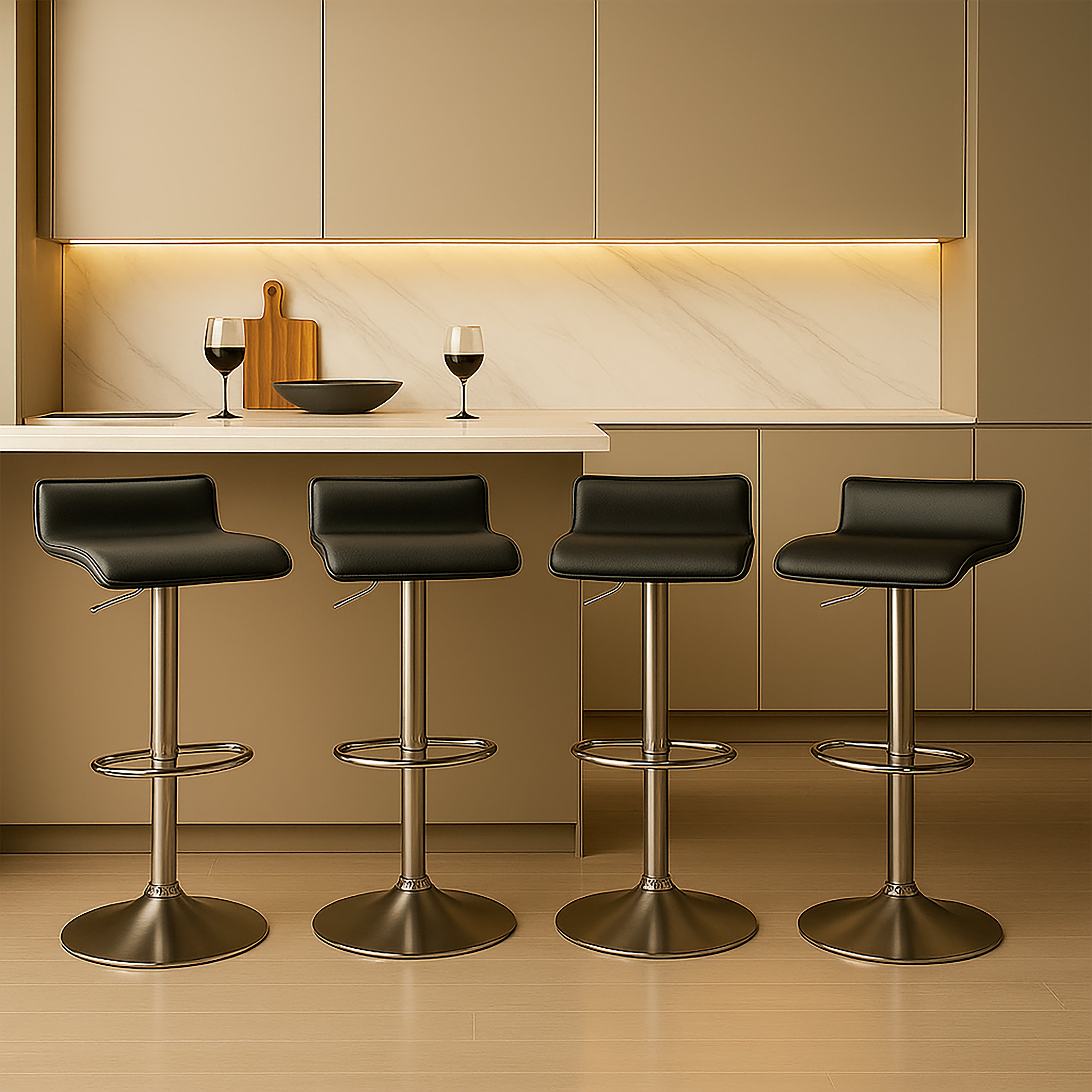 Urban Style Set of 4 Black Chrome Gas Lift Bar Stools - Modern Kitchen Island & Home Bar Seating for Dining & Entertainment