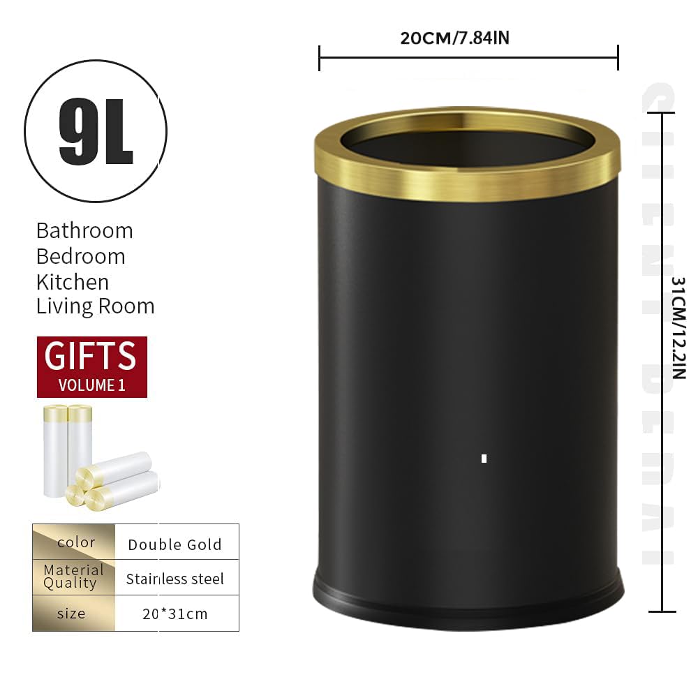 9L/2.4GAL Stainless Steel Gold Bathroom Trash Can - Open Top Garbage Bin Without Lid - Small Gold & Black Waste Basket for Bathroom, Kids Room, Hotel, Office - Perfect for Home, Commercial & Hospitality Use (Black)
