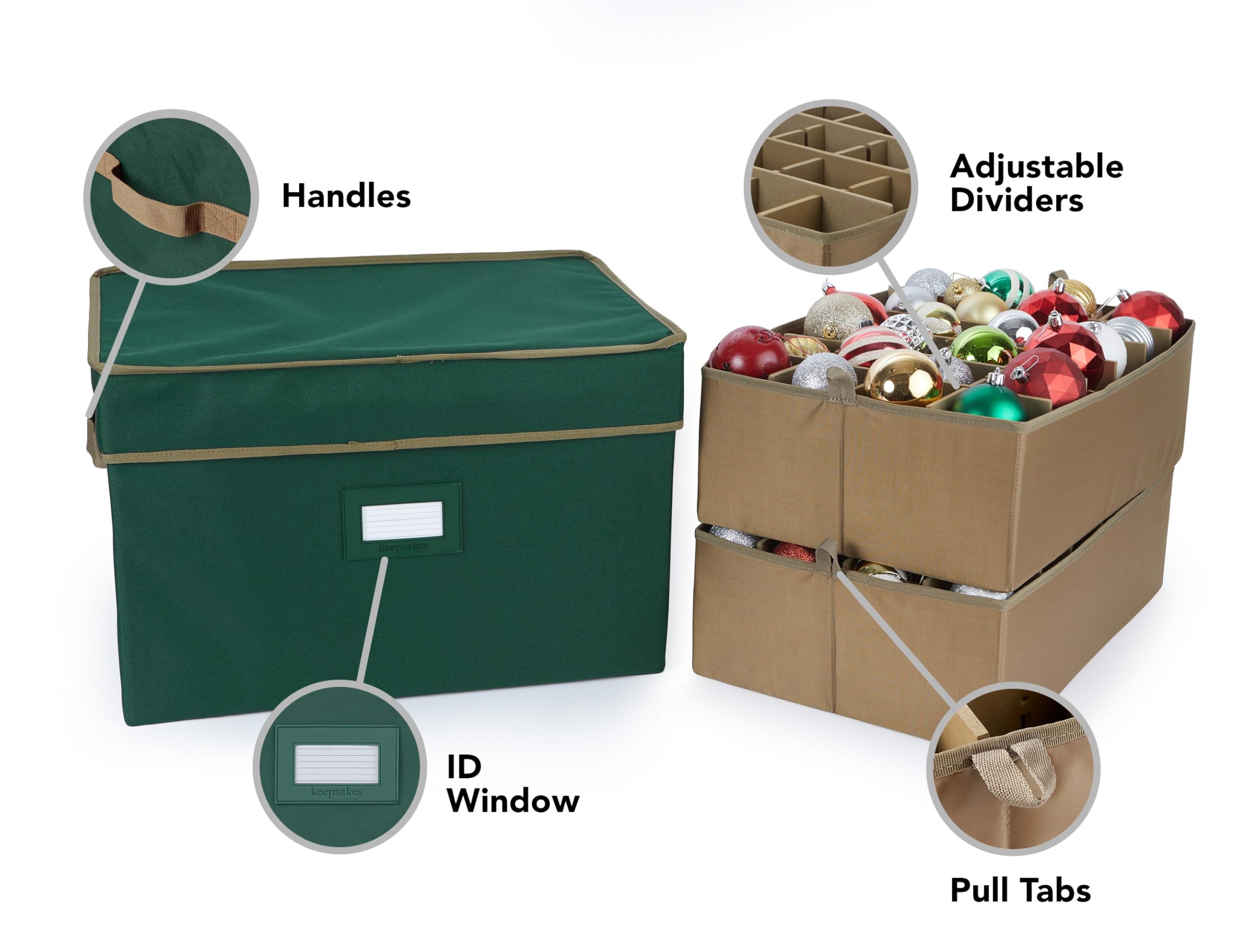 Covermates Keepsakes Adjustable Ornament Storage Box with Carrying Handles & Padded Protection - Holiday Decor Organizer for Christmas Tree Ornaments, Wreaths & Seasonal Decorations (Green)