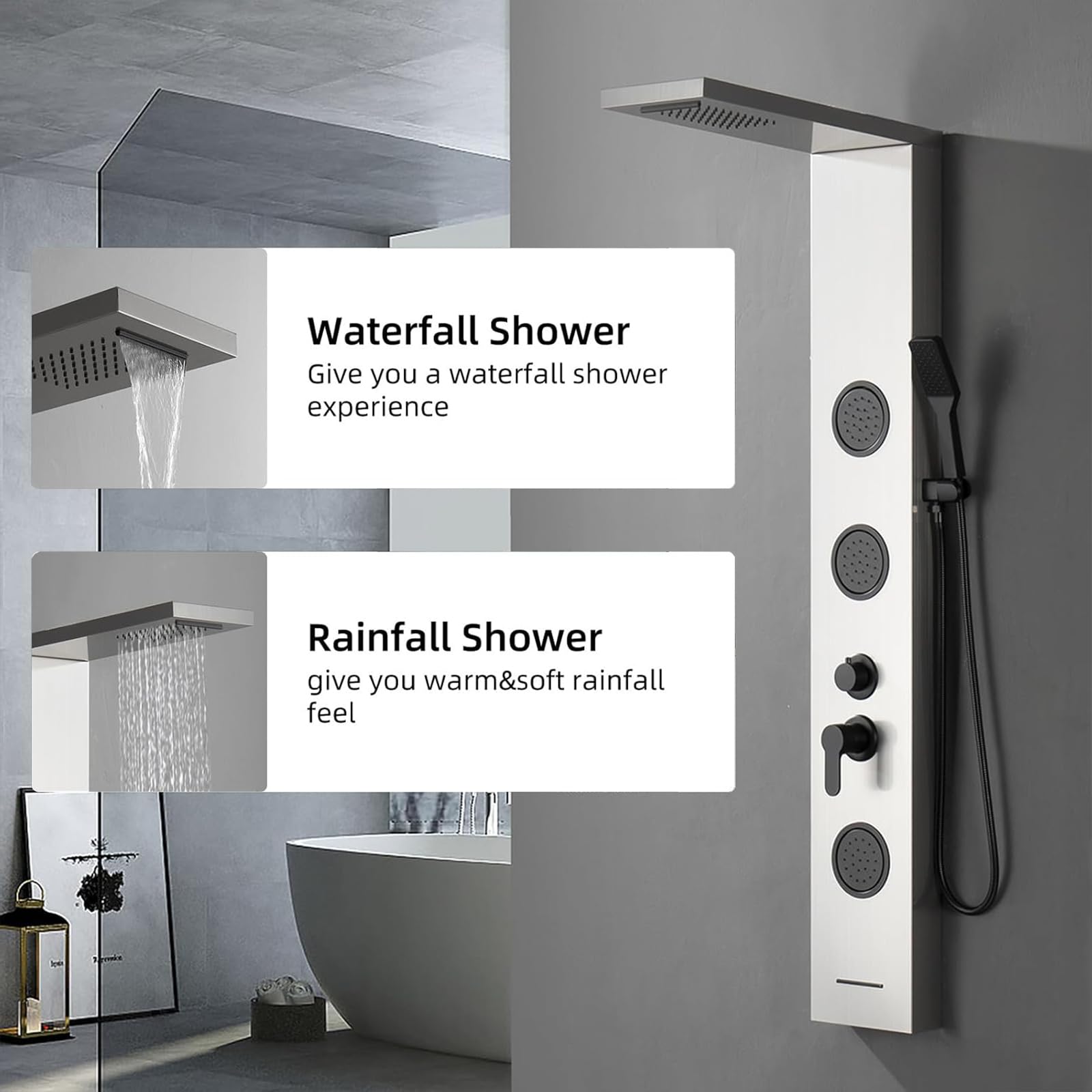 BWE 5-in-1 Shower Panel System with Rainfall Shower Head, Waterfall & Body Jets - Brushed Nickel & Black Tower for Luxurious Spa Experience - Perfect for Master Bathroom Renovation & Modern Home Upgrade