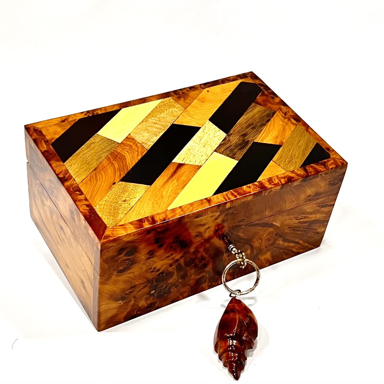 Hand Carved Wooden Jewelry Box - Thuya Burl & Ebony Wood Inlaid with Mother of Pearl - Antique Keepsake Storage Box with Lock - Perfect for Jewelry Organization, Gift Giving & Home Decor (Large Size)
