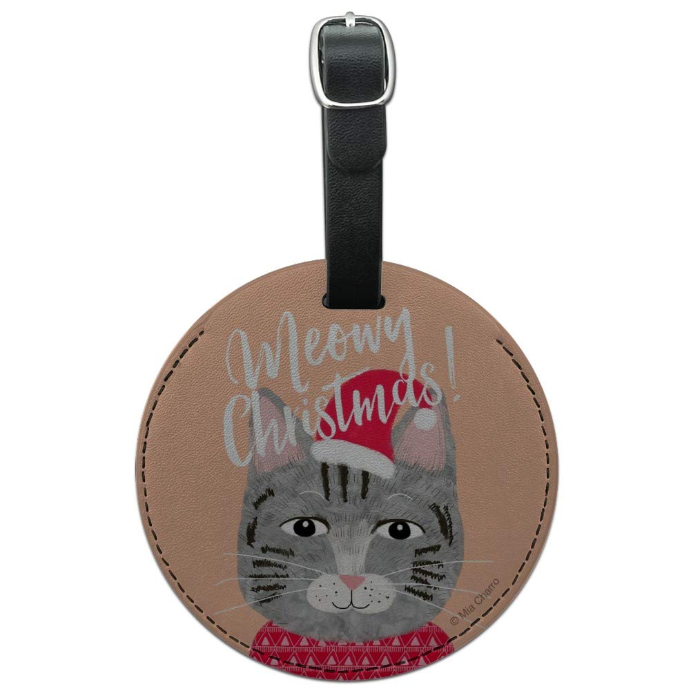 Meowy Merry Christmas Cat Sweater Round Leather Luggage Tag - Cute Pet ID Tag for Cats & Dogs - Perfect for Holiday Travel & Gift Giving