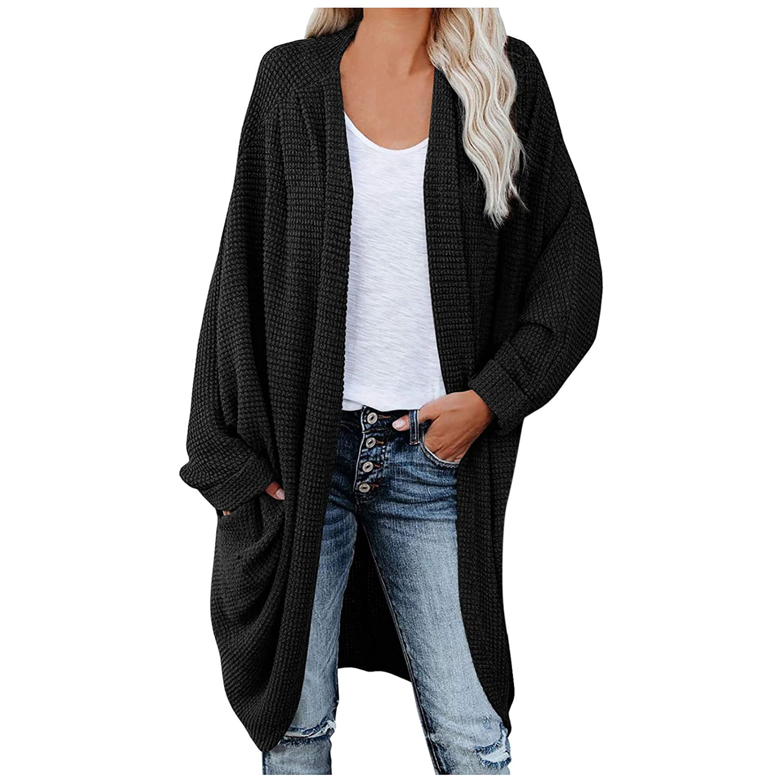 RUIY Women's Open Front Knit Cardigan - Long Batwing Sleeve Chunky Waffle Cable Boho Sweater Coat | Cozy Fall & Winter Layering, Casual Office Wear, Weekend Outfits