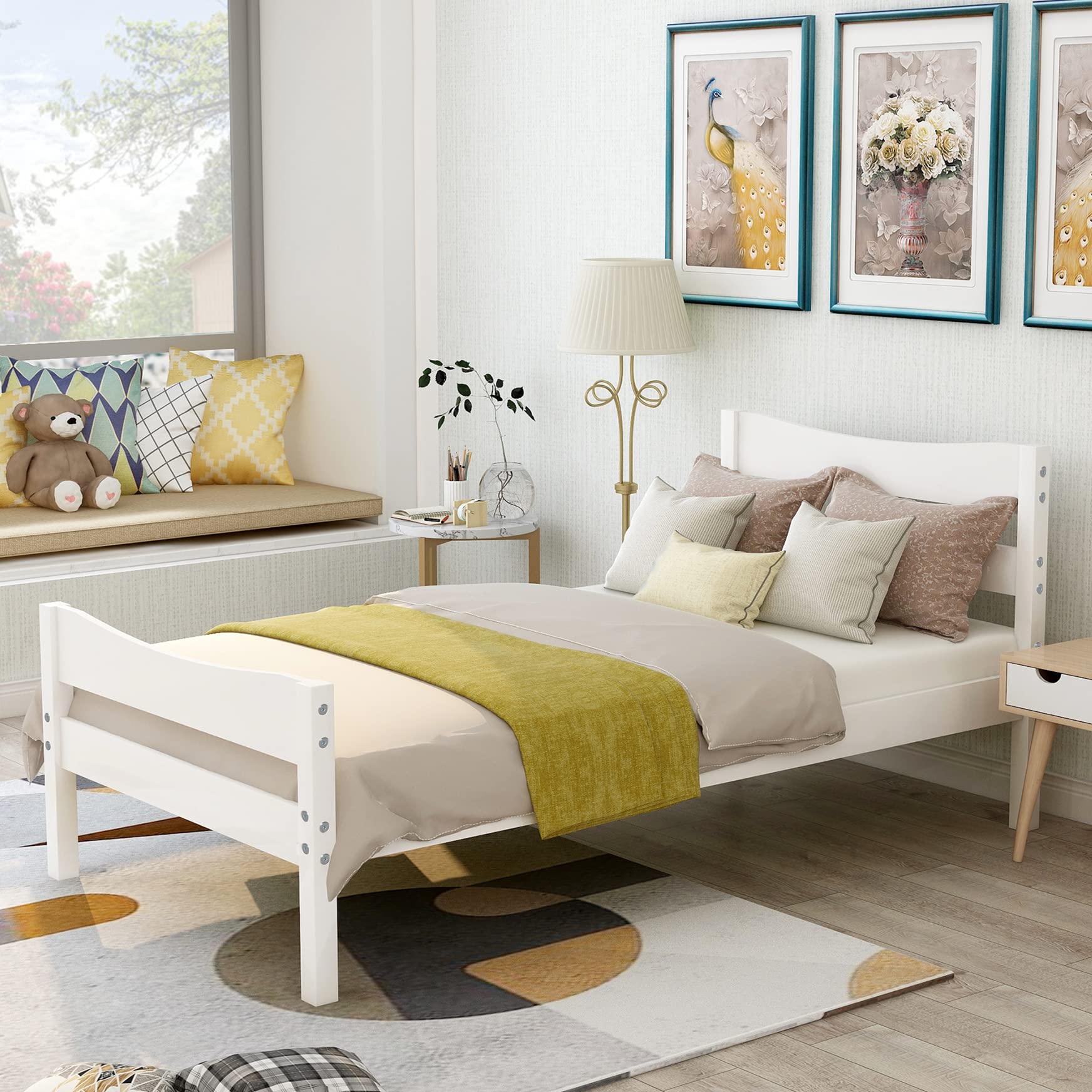 Twin Size Wooden Bed Frame with Headboard & Footboard - No Box Spring Needed, Sturdy Platform Bed for Kids & Teens, White - Perfect for Small Bedrooms, Guest Rooms & Dormitories