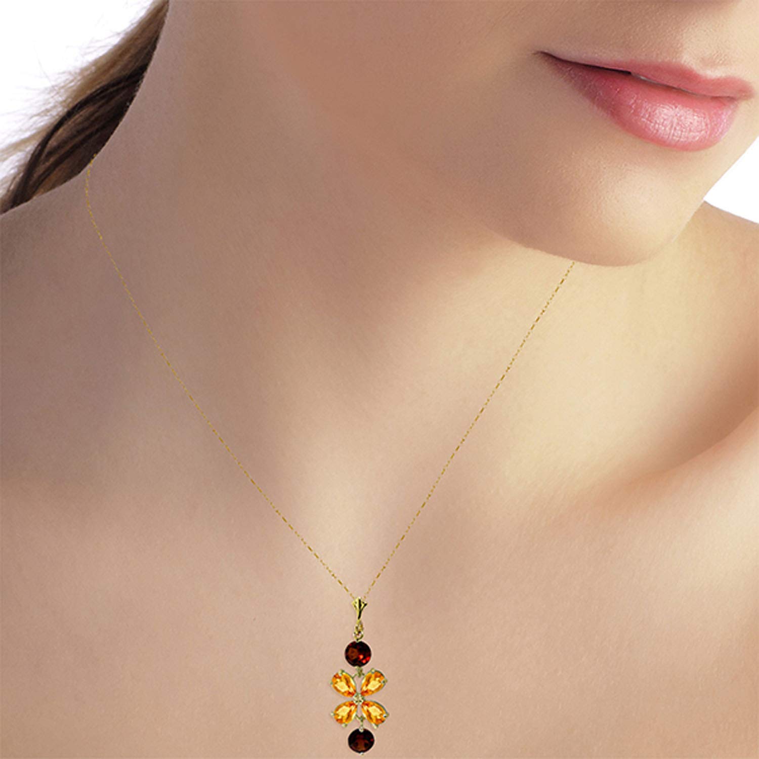 14K Yellow, White & Rose Gold Round Garnet & Pear Citrine Drop Pendant Necklace - Elegant Jewelry for Women, Perfect for Weddings, Parties & Special Occasions