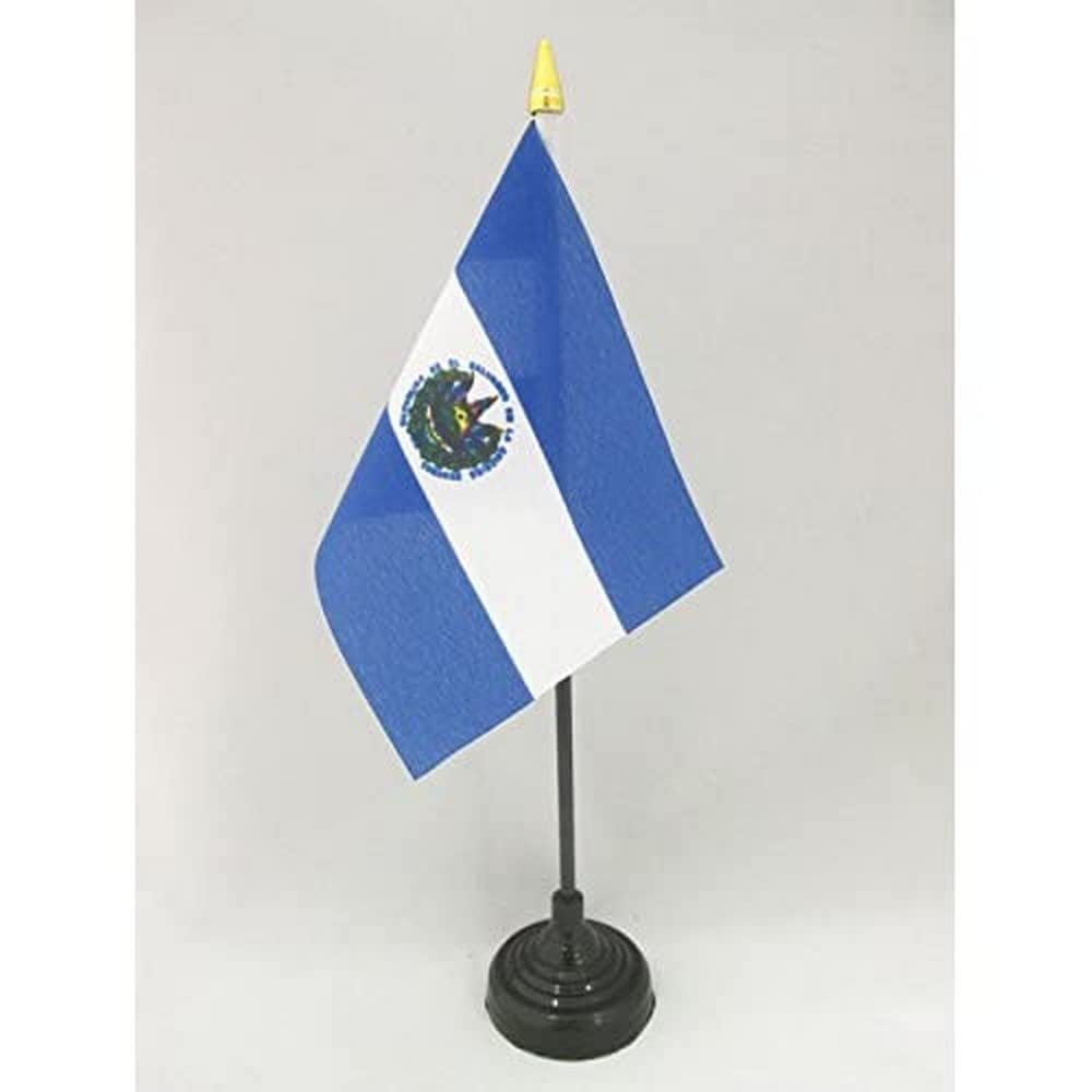 AZ FLAG - El Salvador Mini Desk Flag 4'' x 6'' (15 x 10 cm) - 100% Polyester Salvadoran Table Flag with 10'' Golden Spear Pole - Perfect for Office, Home Decor, and International Events