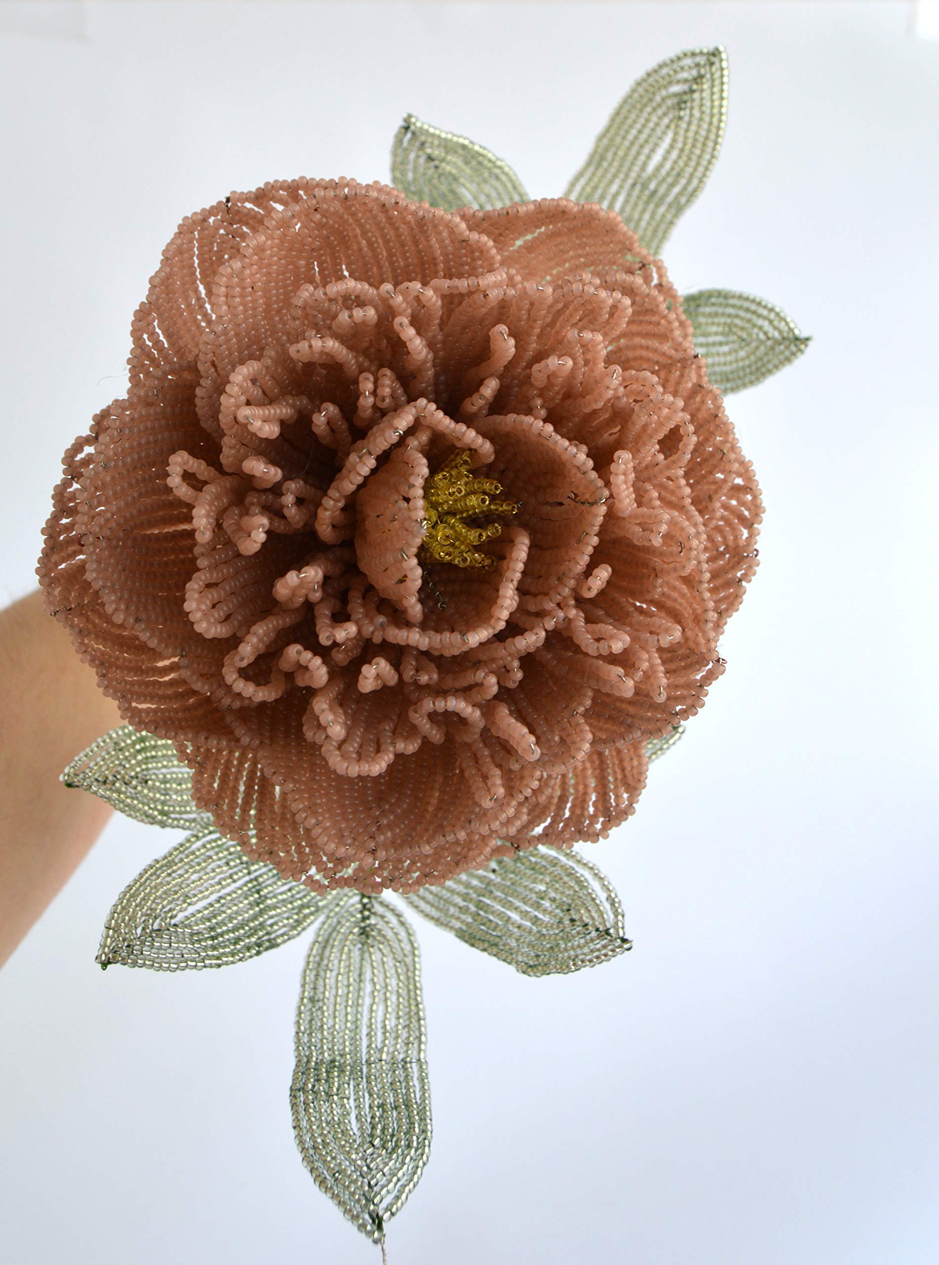 French Beaded Artificial Peony Flower Bouquet - Set of 4 Handmade Beaded Flowers in Vase for Home & Office Decor - Perfect for Wedding Centerpieces, Table Decorations & Gift Giving
