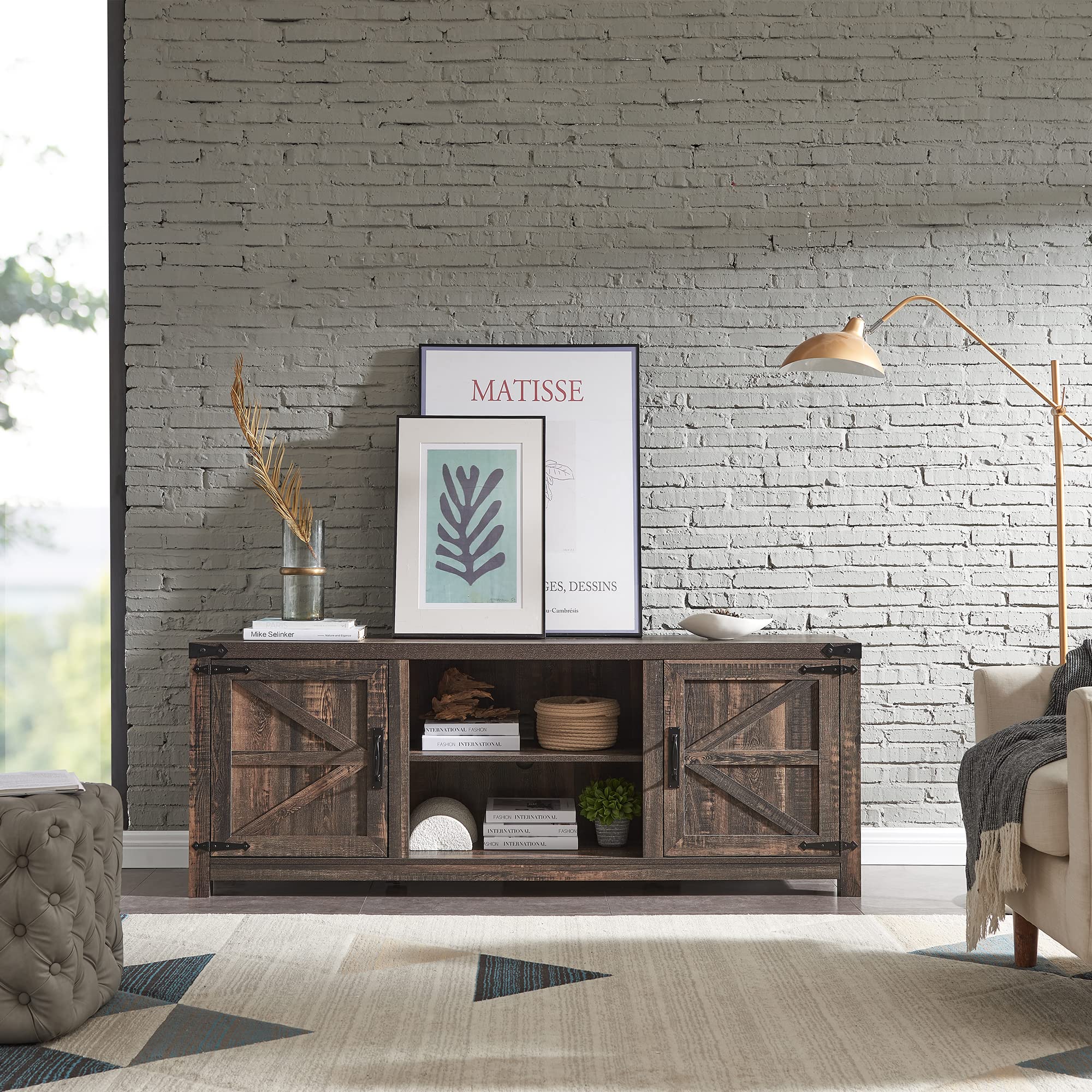 Farmhouse TV Stand for 75 Inch TVs - Rustic Oak Wood Media Console with Barn Doors & Storage Cabinets - Easy Assembly Entertainment Center for Living Room, Home Theater & Family Room Decor