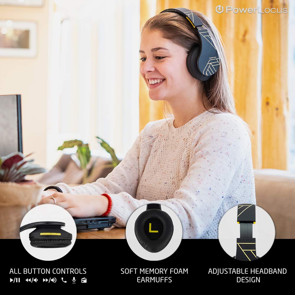 PowerLocus Bluetooth Over-Ear Headphones - Wireless & Wired Stereo Headset with Built-in Mic, Foldable Design, Micro SD/TF & FM Radio - Compatible with iPhone, Samsung, iPad, PC (Black/Yellow) - Perfect for Travel, Workouts & Home Entertainment