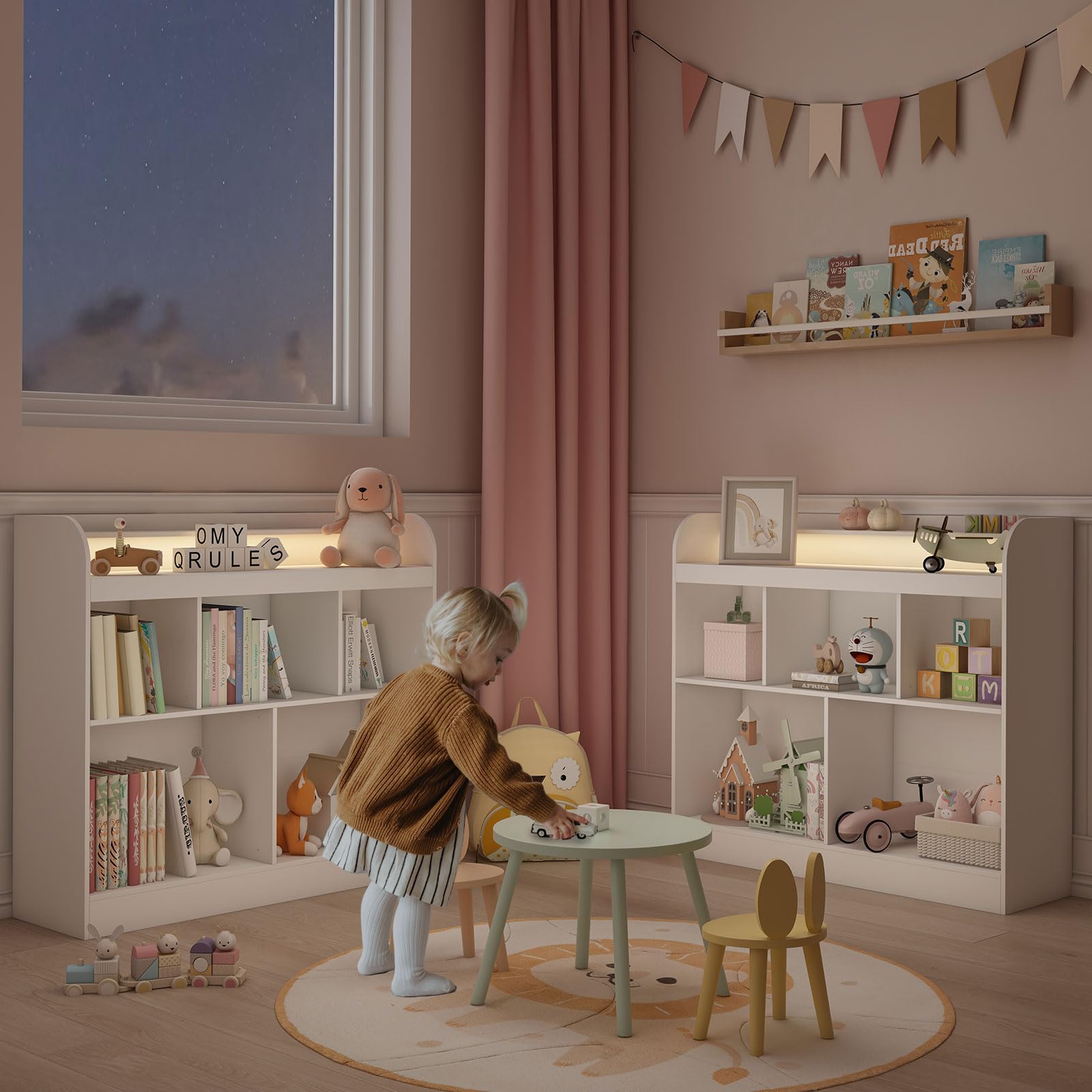 Lkeiyay White Kids Bookshelf with LED Lights - Toy Storage Cubby & Bookcase for Children's Bedroom, Nursery, Playroom - Perfect for Organizing Books, Toys and Decor in Kids Rooms