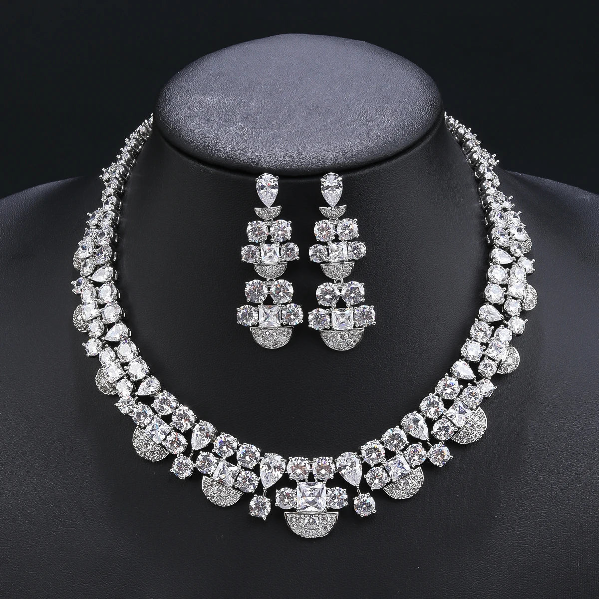 Trendy Cubic Zirconia Necklace & Earrings Set for Women - Elegant Bridal Wedding Jewelry Gift - Perfect for Anniversary, Engagement & Special Occasions