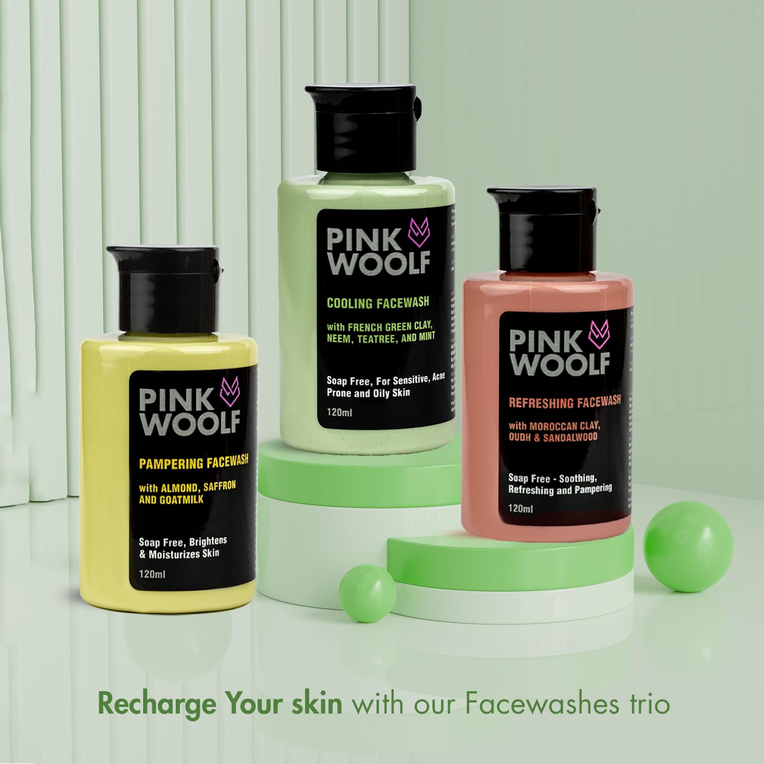 Pink Woolf Cooling Face Wash with French Green Clay, Neem, Tea Tree & Mint - Oil-Free & Soothing Cleanser for Sensitive, Acne-Prone & Oily Skin - 120ml (Pack of 1) | Perfect for Daily Skincare Routine & Post-Workout Refreshment