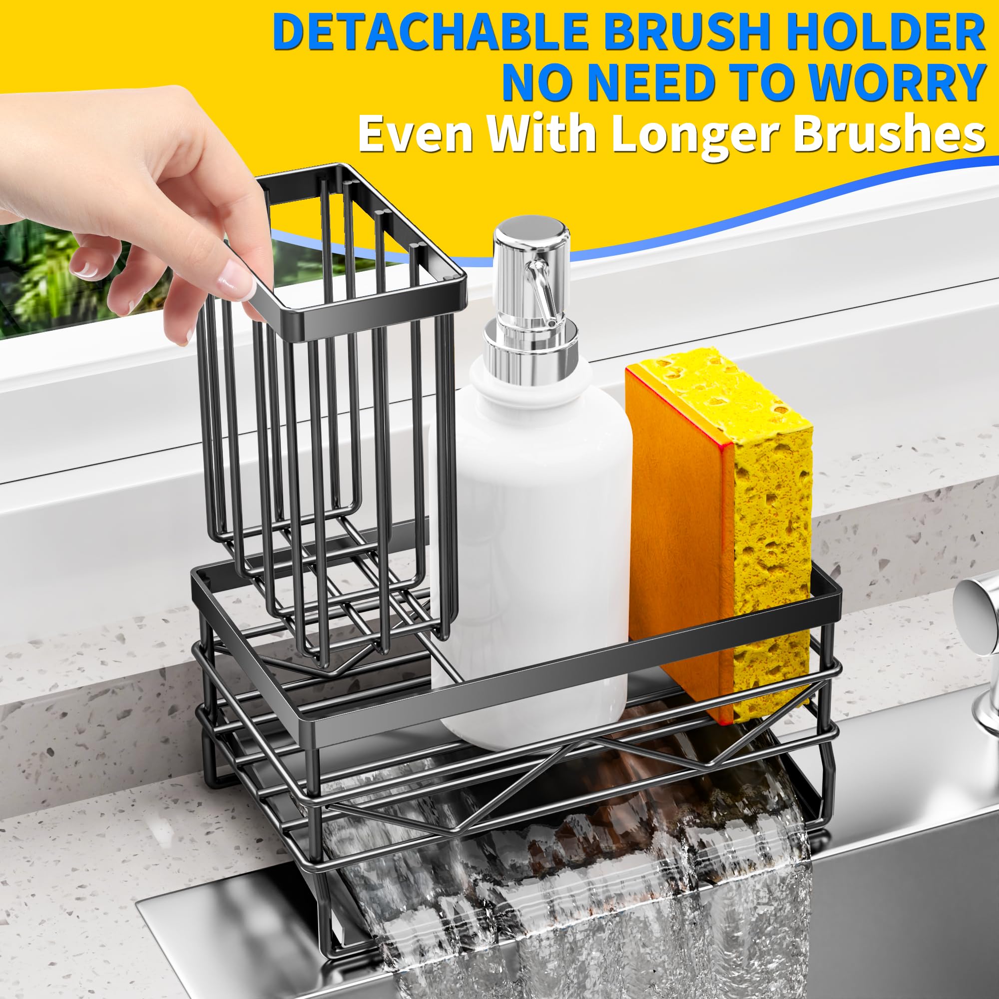 Stainless Steel Kitchen Sink Organizer with Sponge & Brush Holder - Rustproof 304 Sink Caddy for Sponges, Soap & Cleaning Tools | Compact Black Sink Accessory for Organized Kitchen Countertop & Dishwashing Area