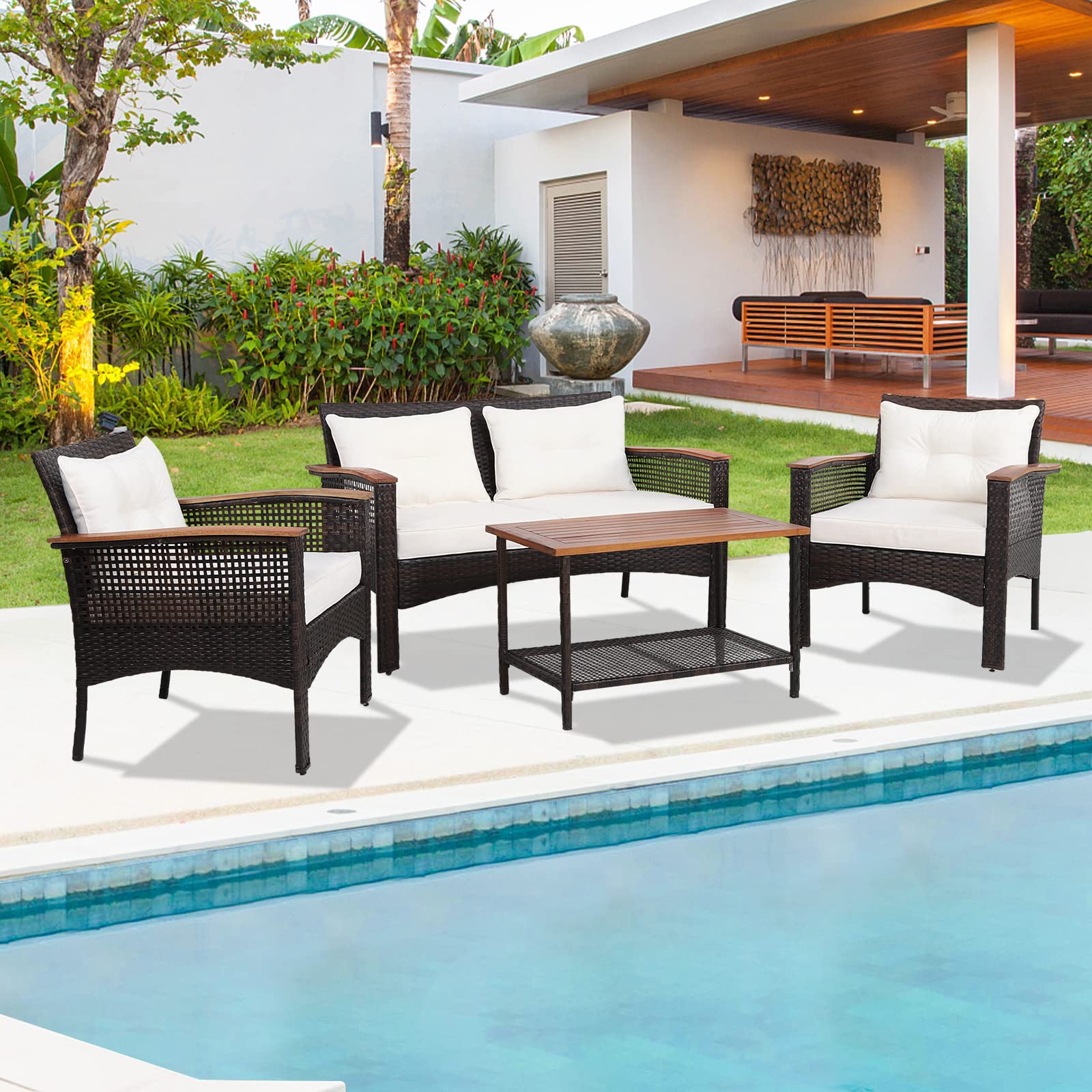 **HAPPYGRILL 4-Piece Outdoor Patio Furniture Set - Acacia Wood Sectional Sofa with Cushions & Coffee Table, PE Wicker Conversation Set for Garden, Poolside, Backyard & Outdoor Relaxation**