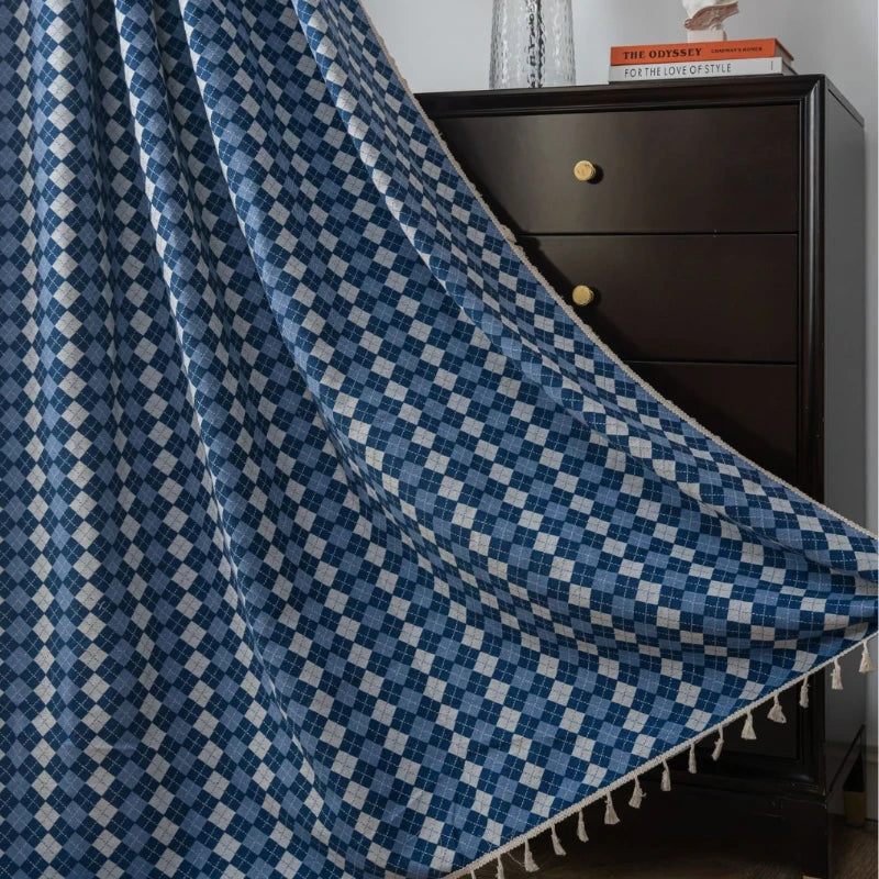 Premium Diana Cotton Linen Diamond Check Blackout Curtains for Living Room & Bedroom - Thermal Insulated Window Drapes for Light Blocking & Privacy