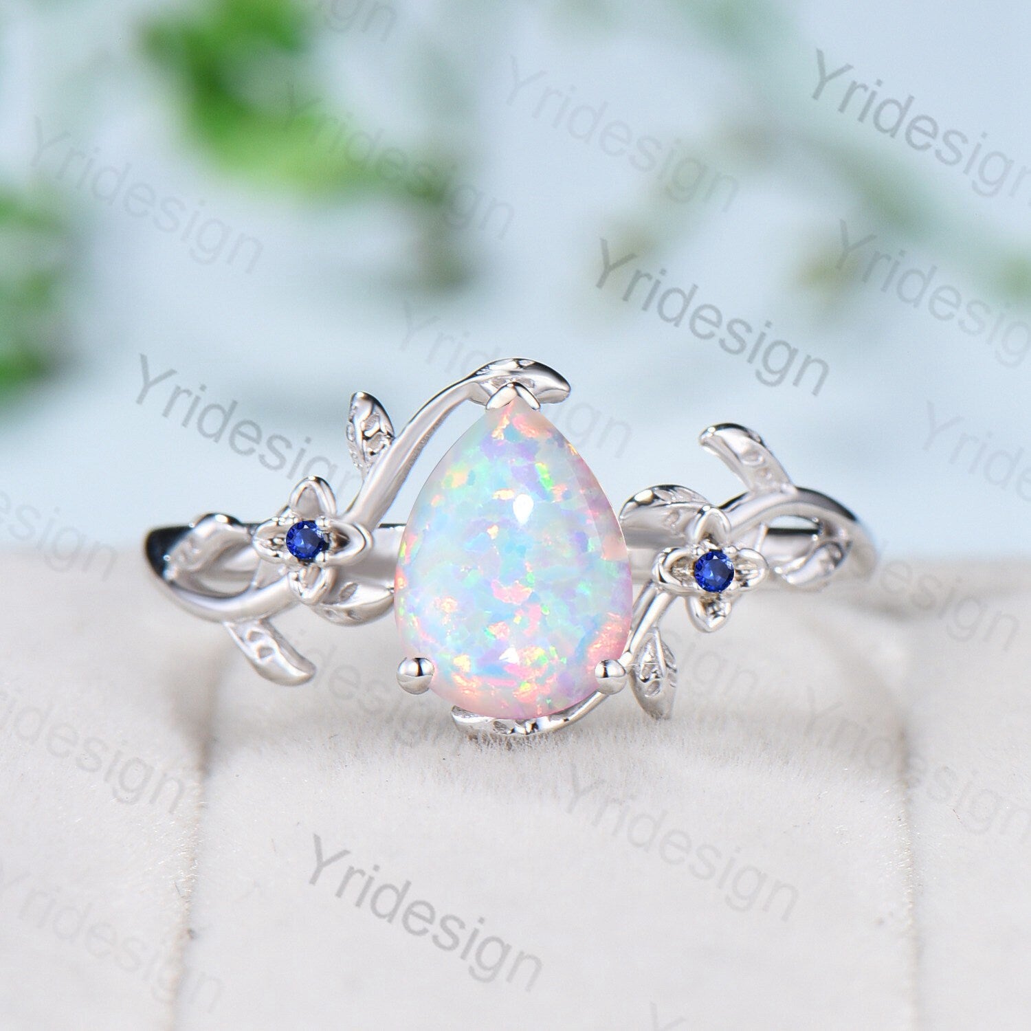 14K Yellow Gold Pear-Shaped Fire Opal & Sapphire Engagement Ring for Women - Nature Inspired Floral Twig Leaf Design, Perfect for Weddings, Anniversaries & Romantic Gifts