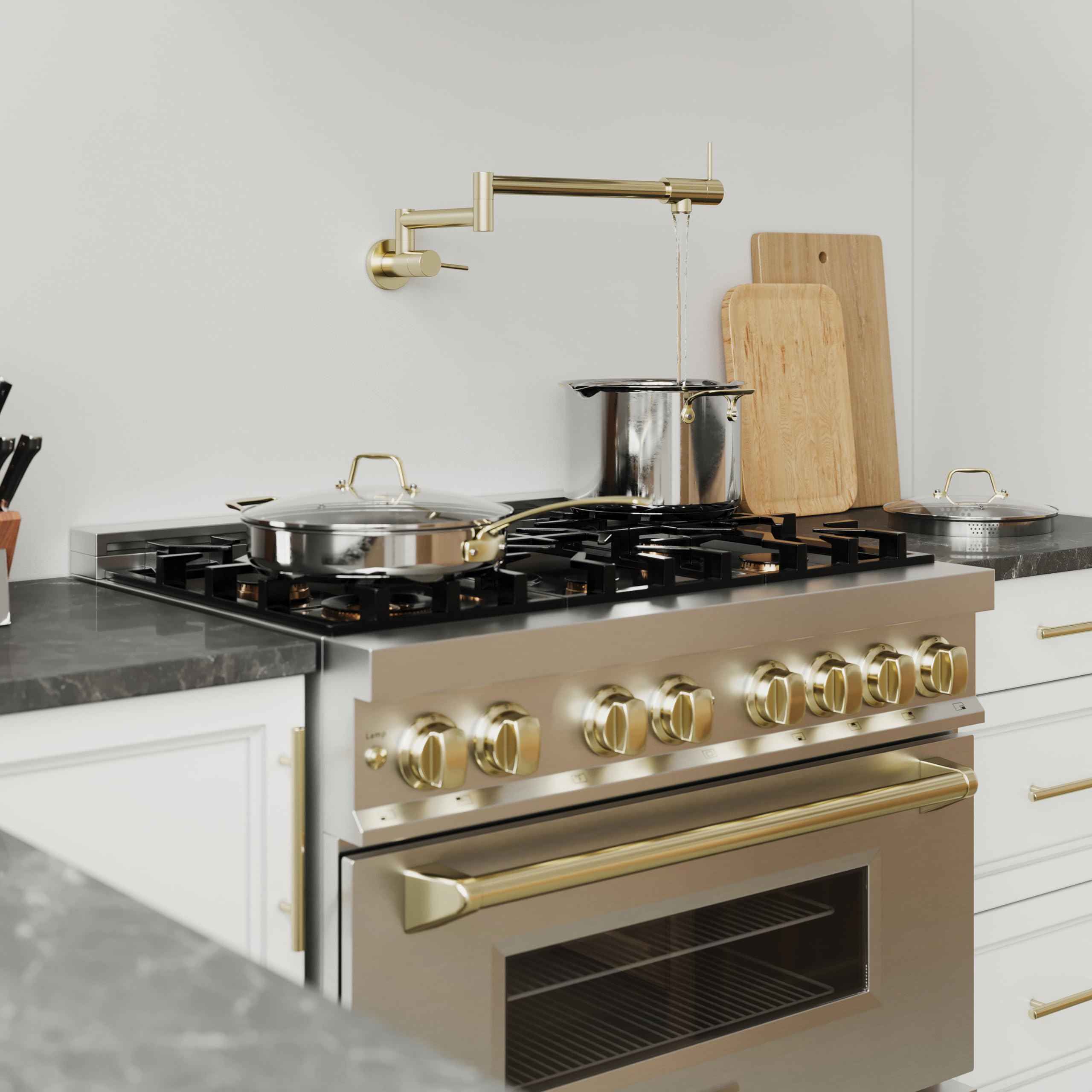 ZLINE Autograph Edition Gemini Pot Filler in Polished Gold - Professional Kitchen Faucet for Stove & Cooktop - Perfect for Modern & Luxury Home Kitchens (GEM-FPF-PG)