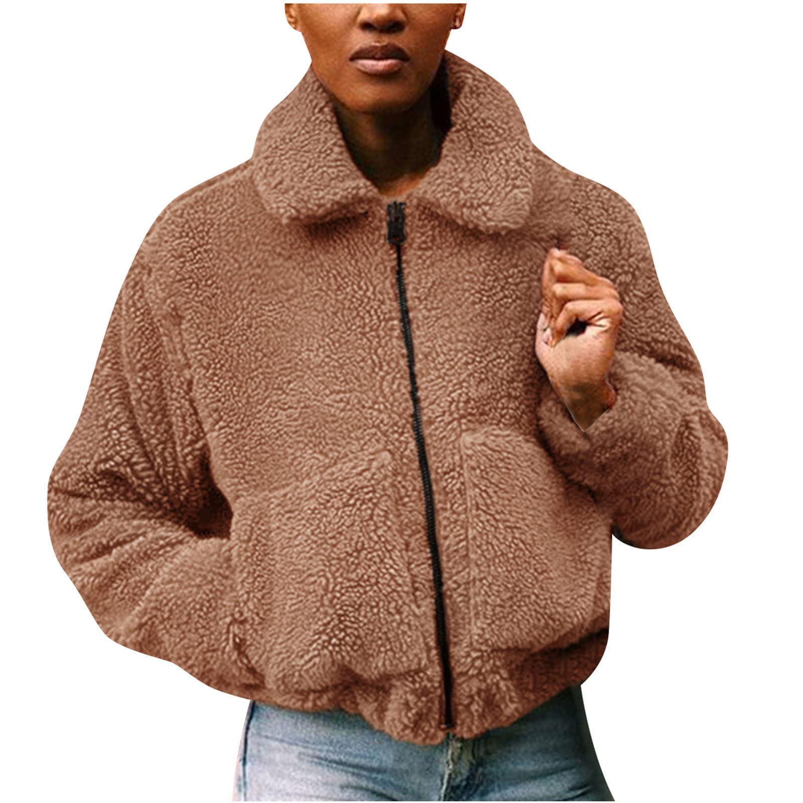 Women's Fleece Jacket - Cozy Loose Cropped Winter Top with Faux Fur Lapel & Zip Closure | Warm Furry Overcoat for Casual Outings, Winter Travel & Outdoor Activities
