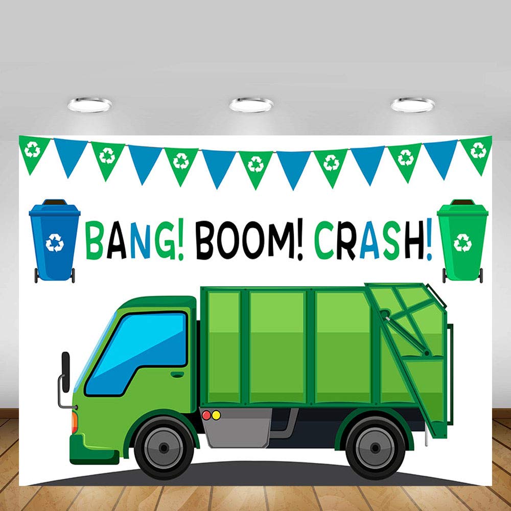 MEHOFOND Garbage Truck Birthday Party Backdrop - 7x5ft Blue & Green Photo Banner for Boys' Birthday Decorations, Cake Table Supplies & Photography Props | Perfect for Construction-Themed Parties & Kids' Celebrations