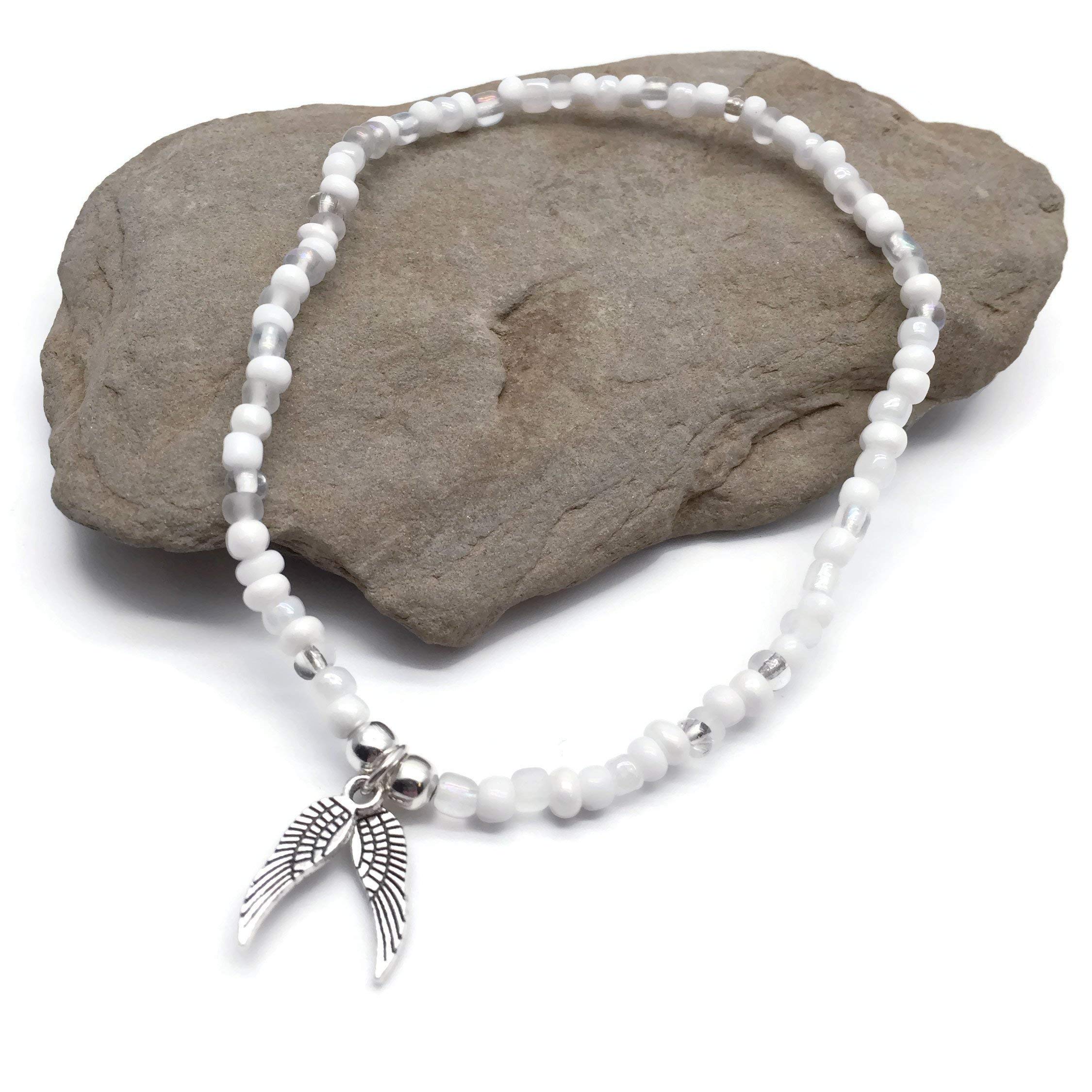 Angel Wings Charm Anklet - Elegant White Glass Seed Beads with Silver Tone Charm - Adjustable 10 Inch Ankle Bracelet for Women - Perfect for Beach, Boho Style & Everyday Wear