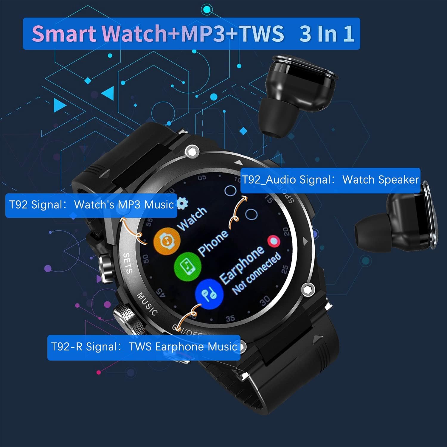 CISIYOO Smart Watch with Bluetooth Headphones - 1.28